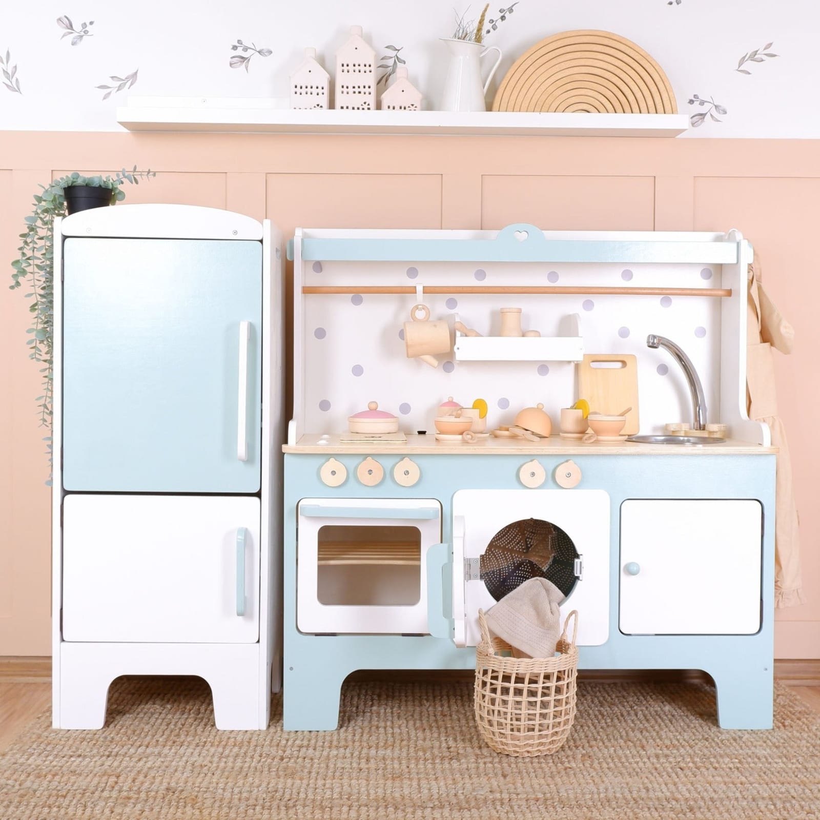 Wooden Play Kitchen Customizable – Sky Blue with Matching Fridge | Kids Wood Store