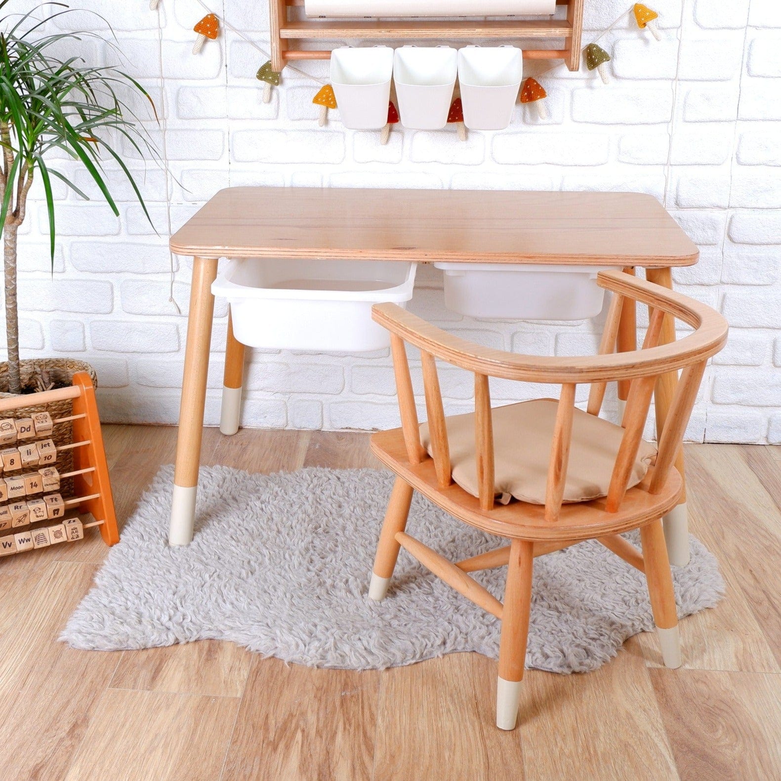 Wooden Kids Table and Chair – Natural Wood with Tan Cushion Seat | Kids Wood Store