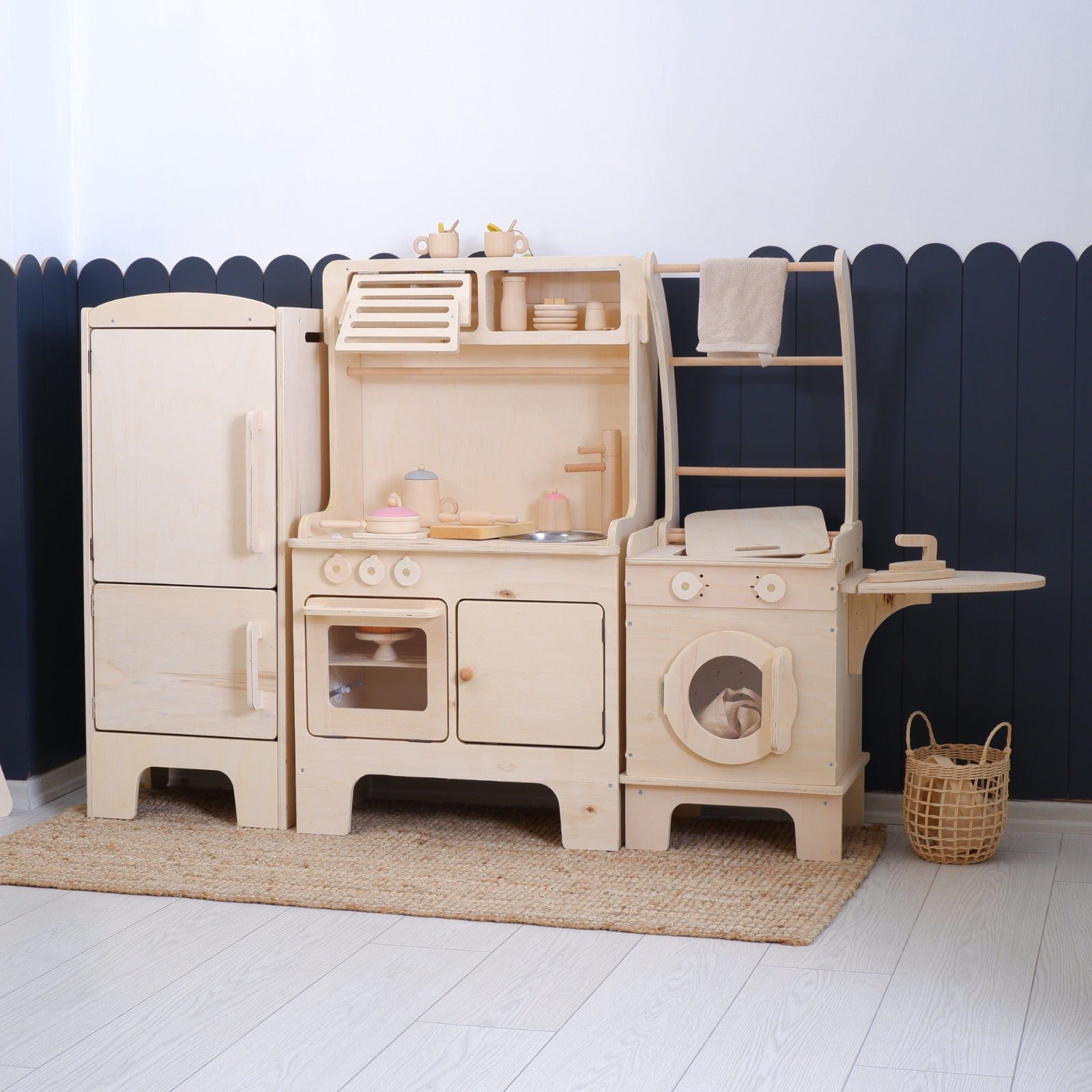 New Wooden Play Kitchen With Microwave + Washing Machine – Natural Wood 3-Piece Set with | Kids Wood Store