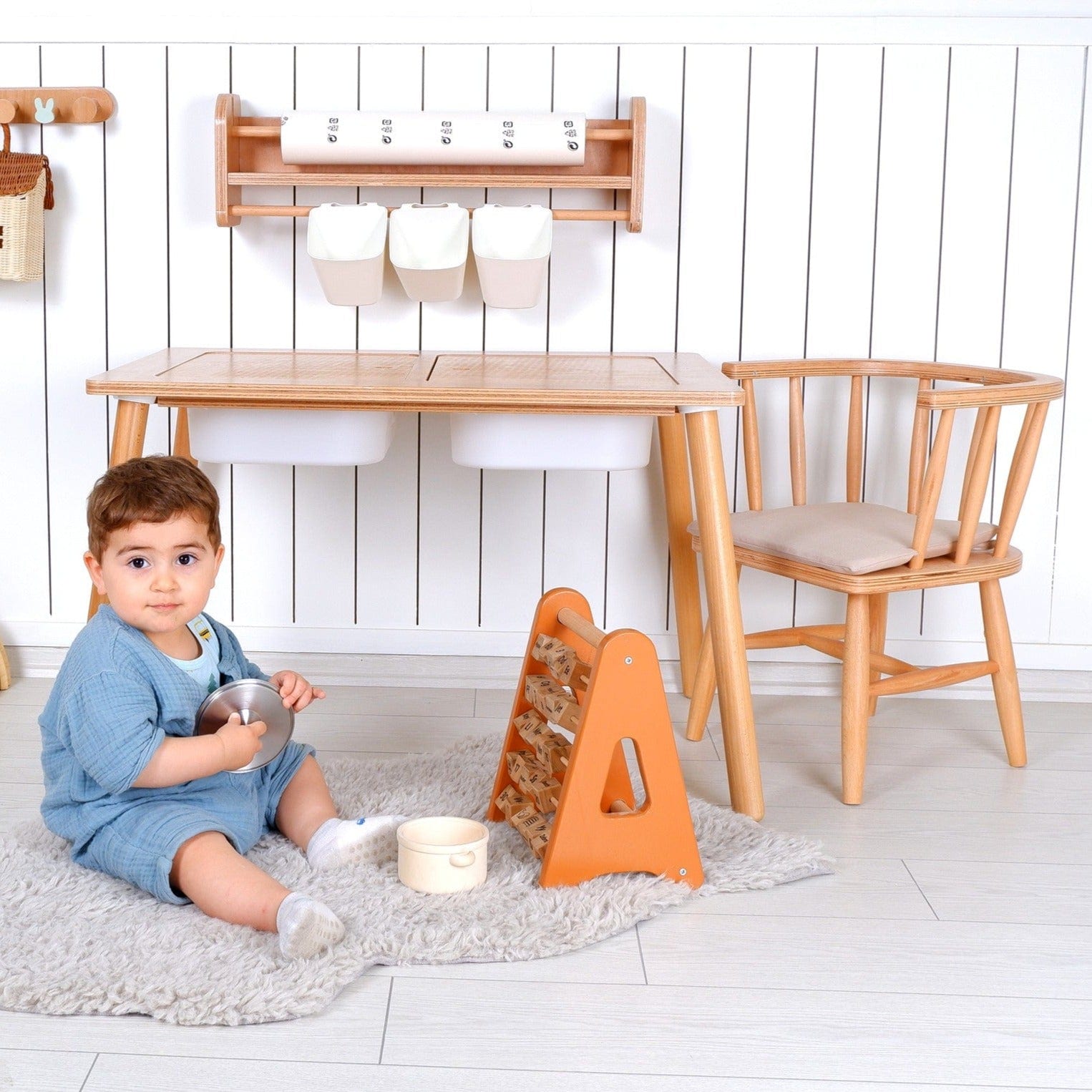 Wooden Kids Table and Chair – Natural Wood with Wall Shelf | Kids Wood Store