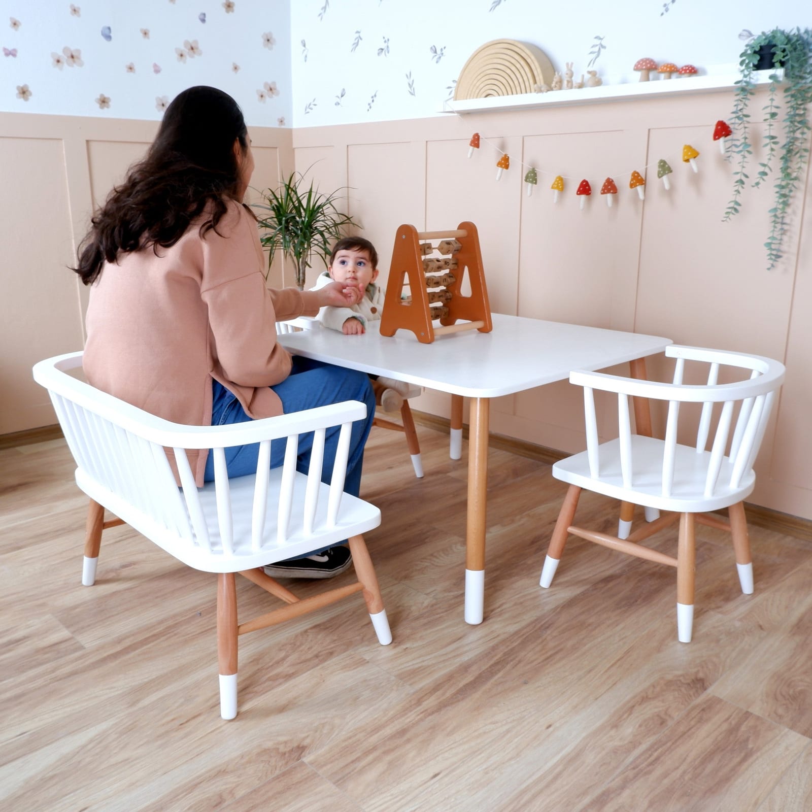 Wooden Kids Table, Chair, and Bench Set – White Finish | Kids Wood Store