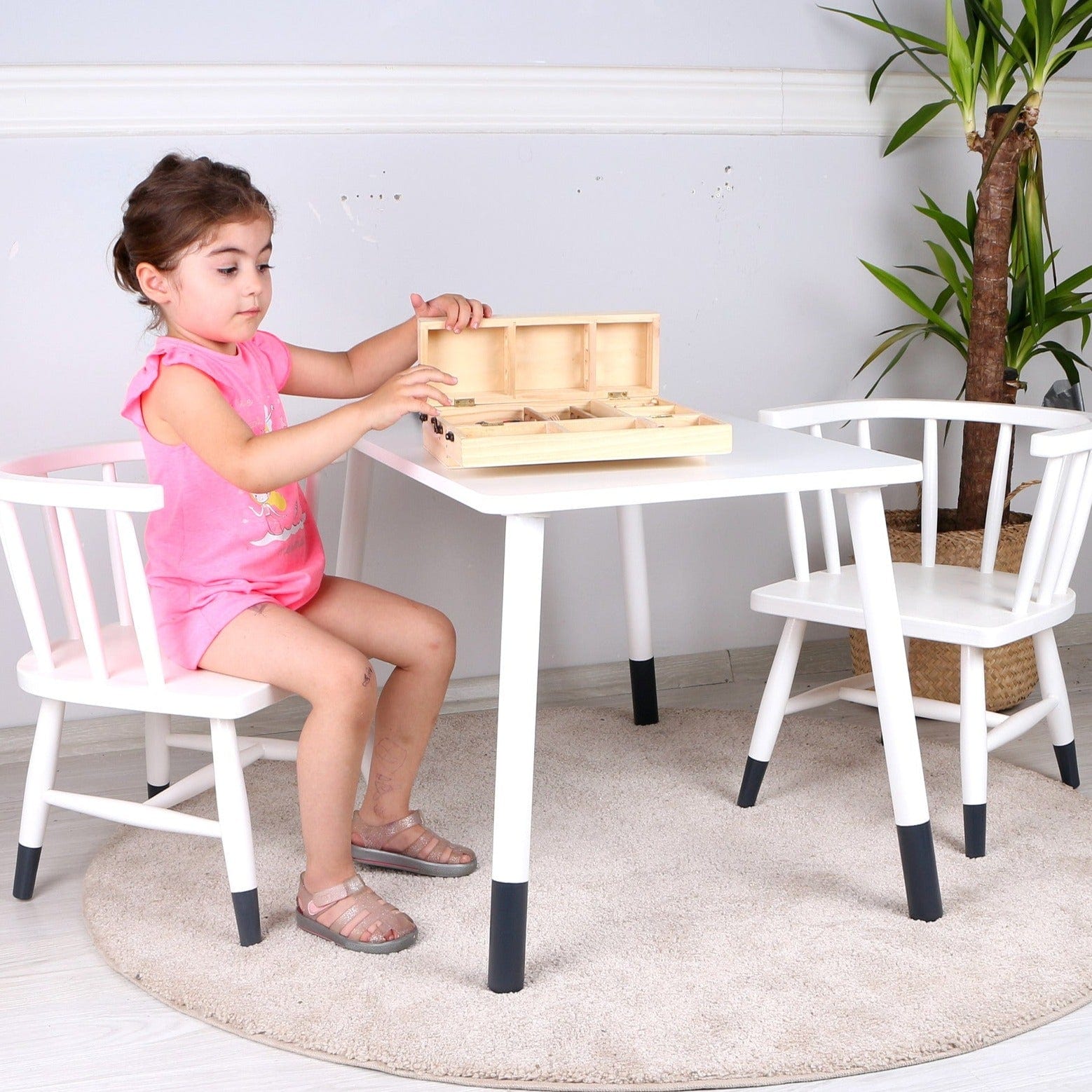 Wooden Kids Table and Two Chairs – White with Charcoal Leg Accents | Kids Wood Store