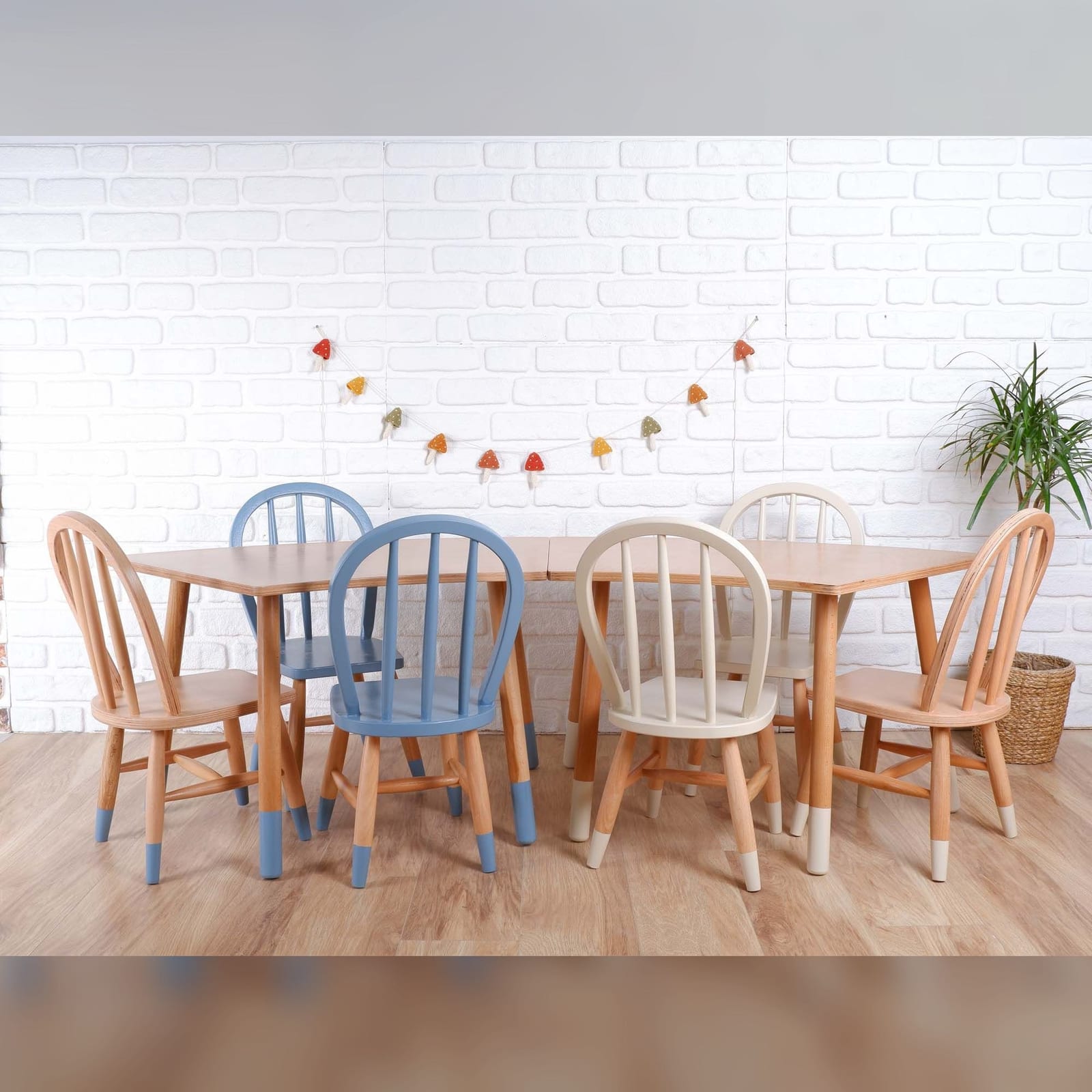 Wooden Kids Table with Six Windsor Chairs – Natural, Blue-Grey & Cream Mix | Kids Wood Store