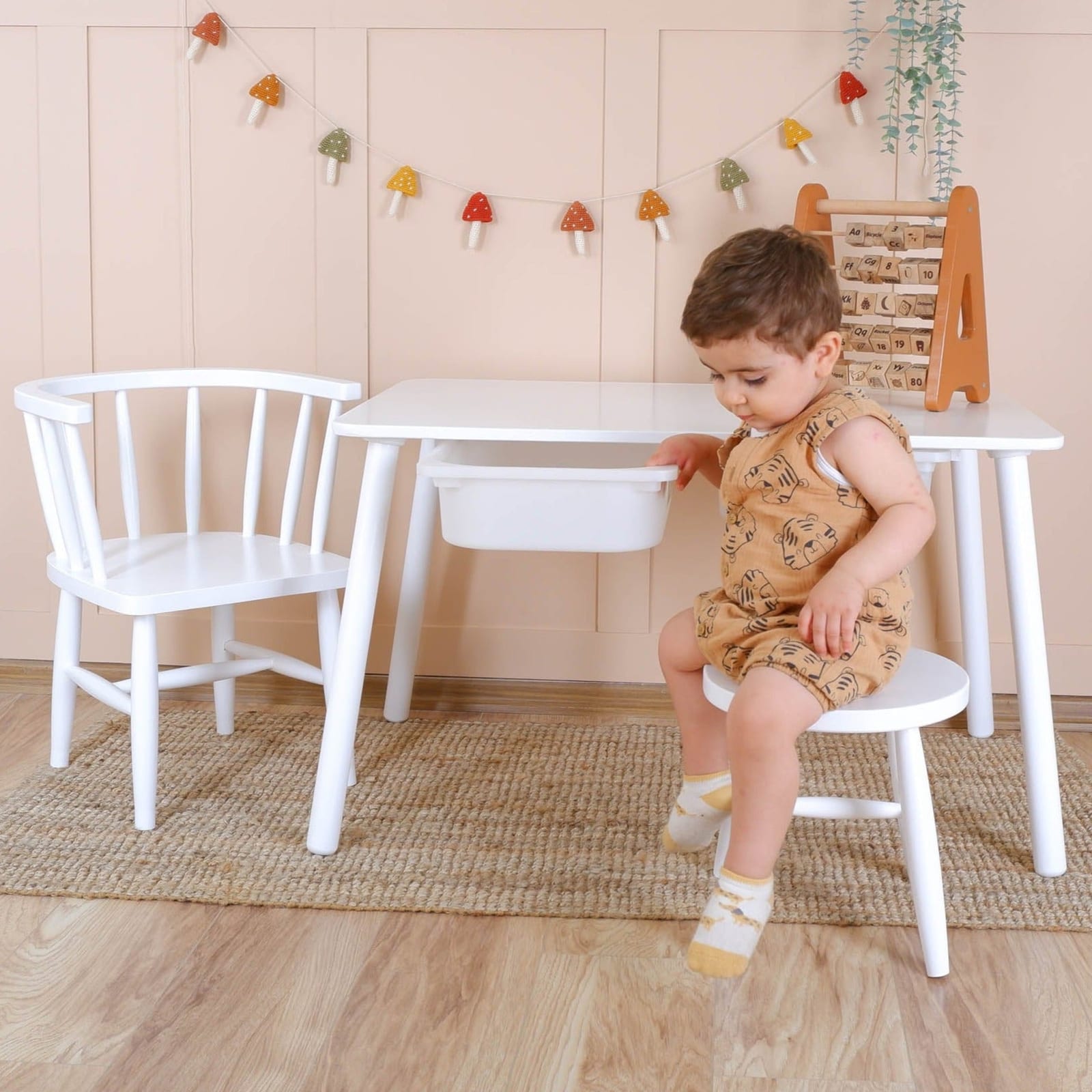 Wooden Kids Table, Chair, and Bench Set – White, Toddler Size | Kids Wood Store