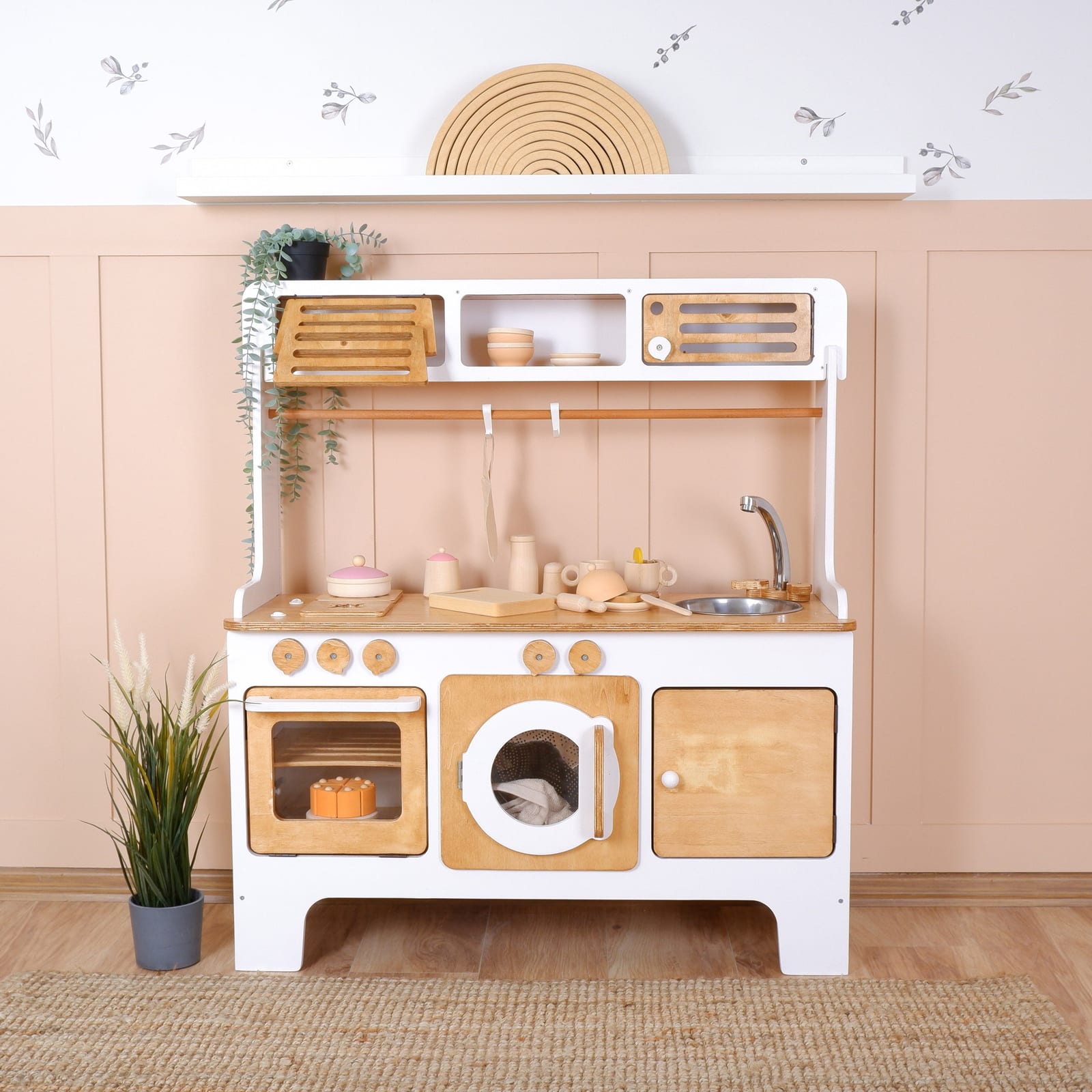 New Wooden Play Kitchen With Microwave and Hood – White & Natural Wood | Kids Wood Store