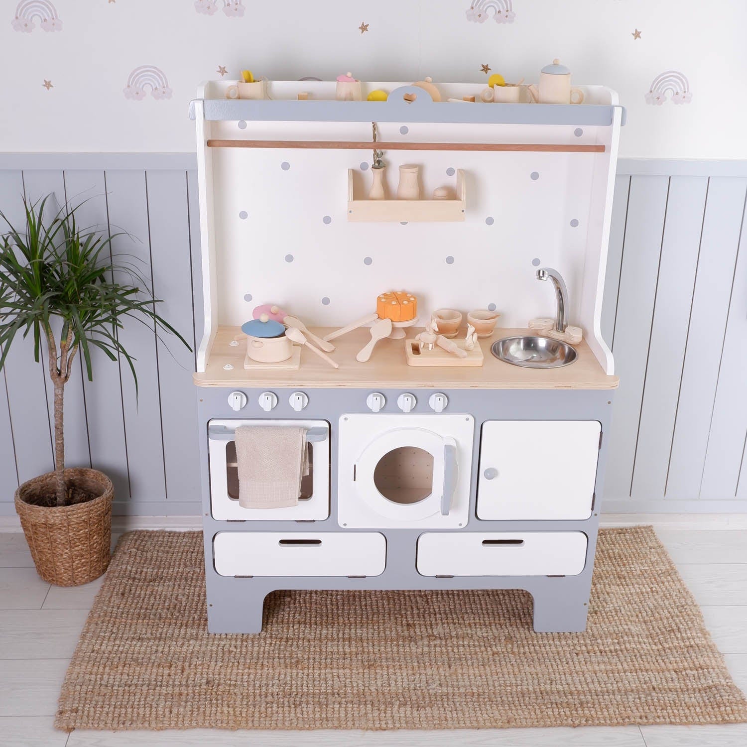 For 10 Years Biggest Wooden Play Kitchen – Soft Grey Compact Edition | Kids Wood Store