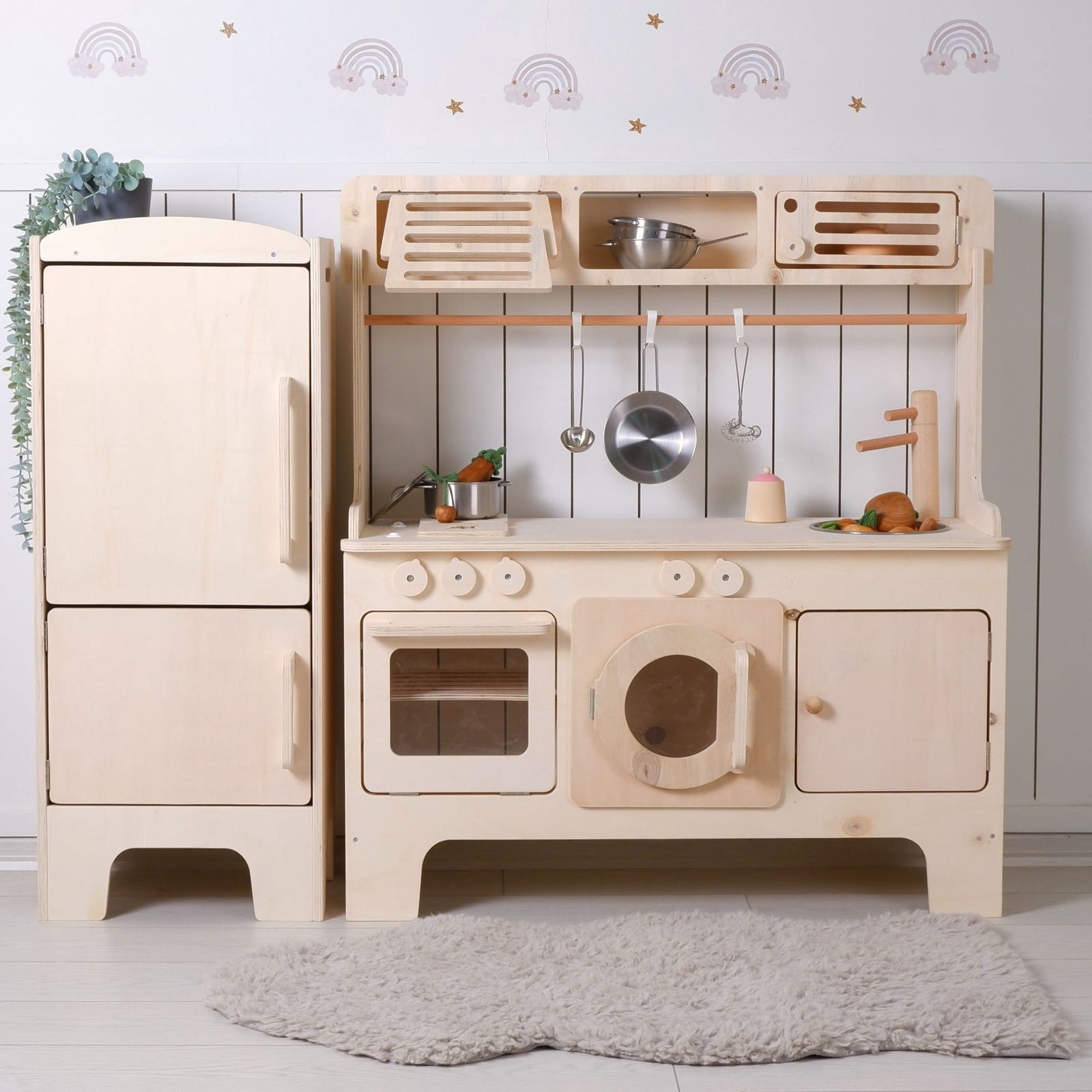 New Wooden Play Kitchen With Microwave and Hood – Natural Wood with Fridge | Kids Wood Store