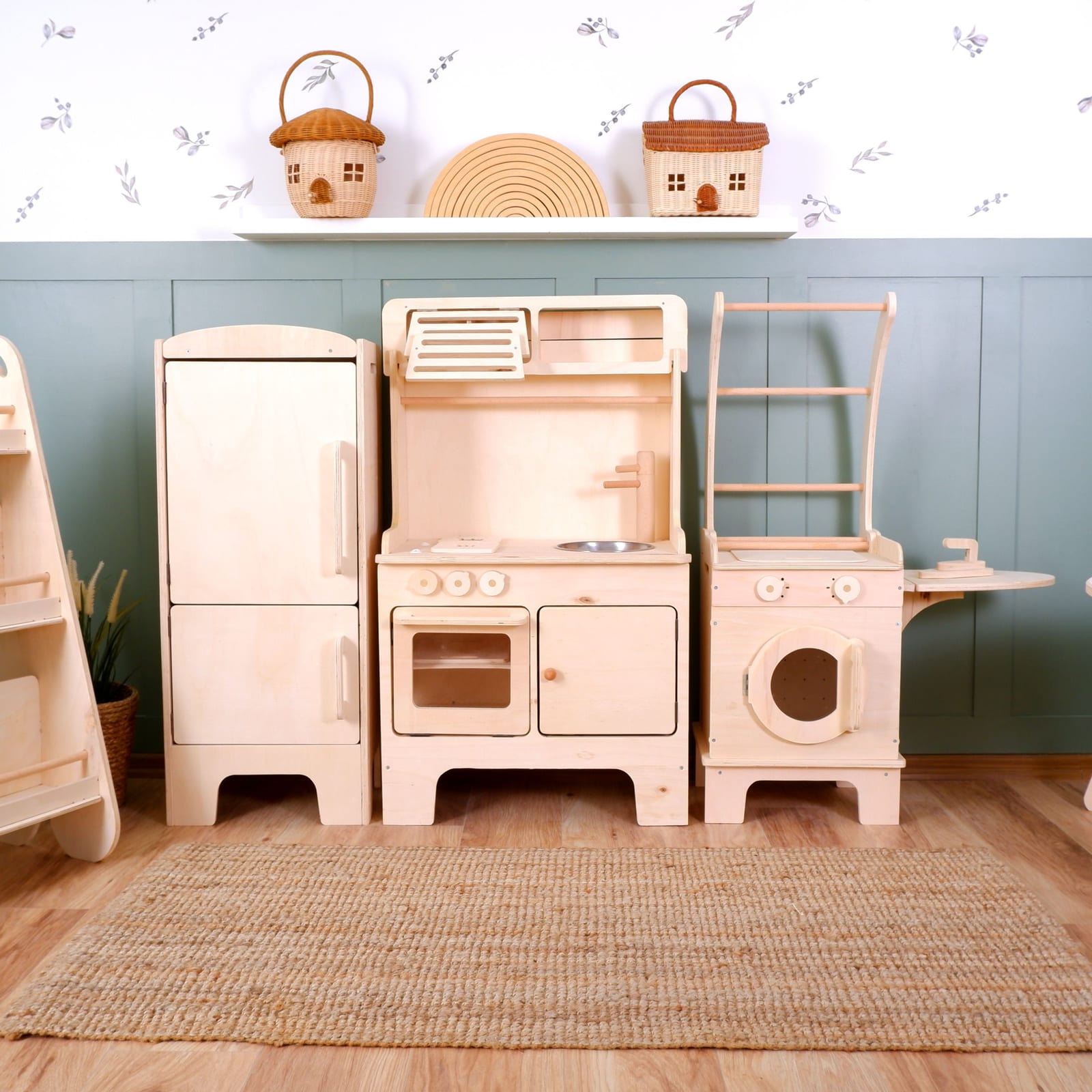 New Wooden Play Kitchen With Microwave + Washing Machine – Natural Wood with Basket | Kids Wood Store