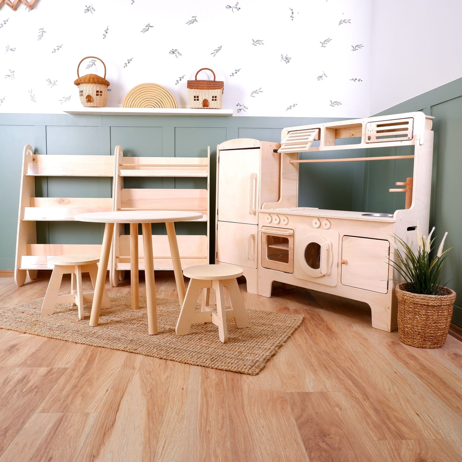 New Wooden Play Kitchen With Microwave + Washing Machine – Natural Wood with Bonus Table | Kids Wood Store