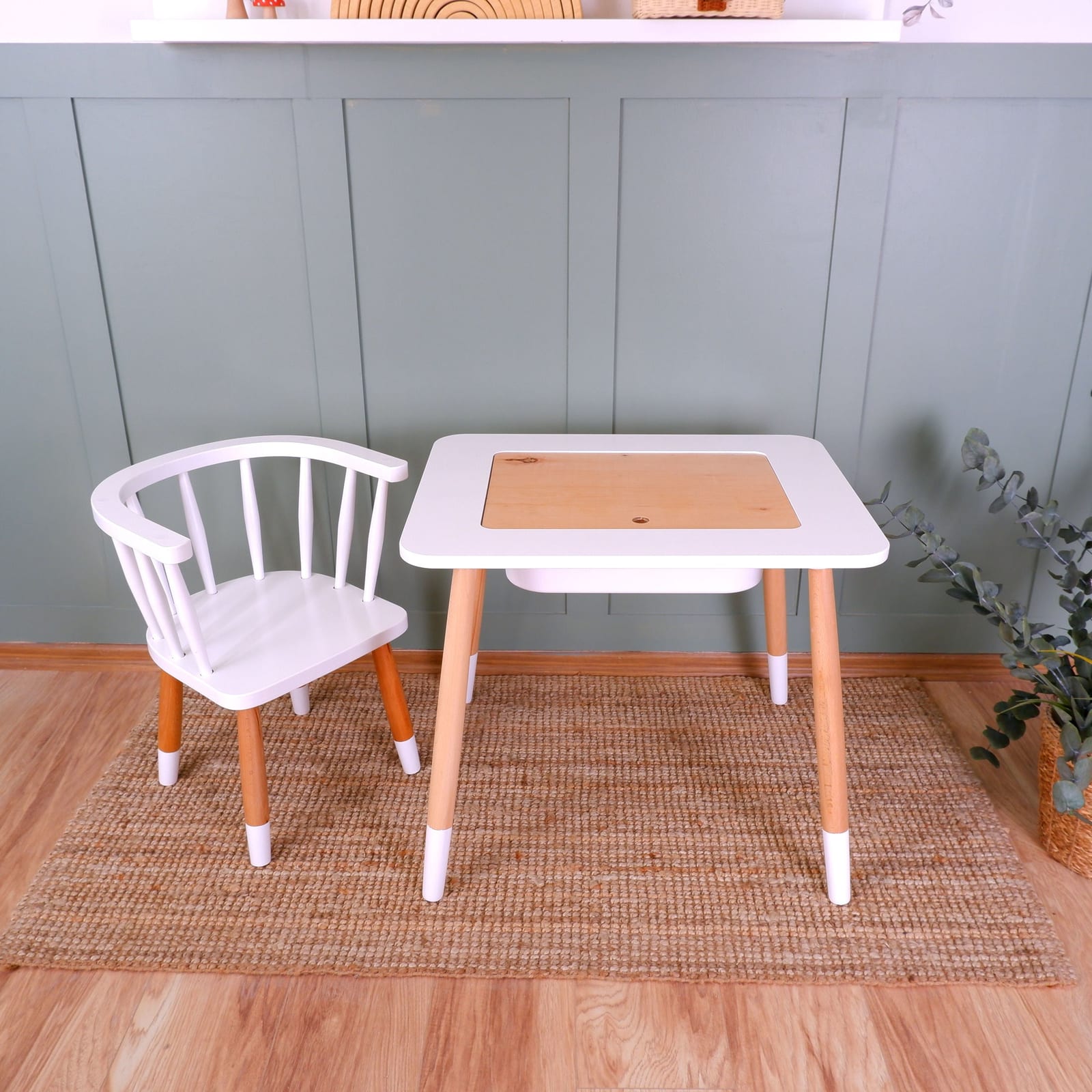 Wooden Kids Table and Chair – White with Orange Two-Tone Legs | Kids Wood Store
