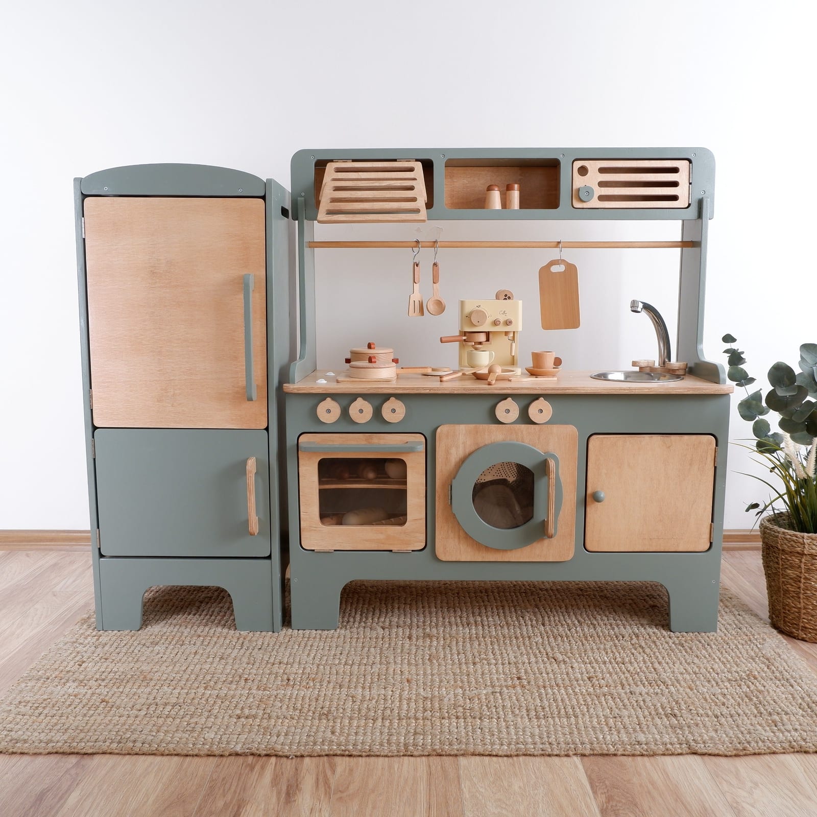 New Wooden Play Kitchen With Microwave and Hood – Sage Green with Fridge | Kids Wood Store