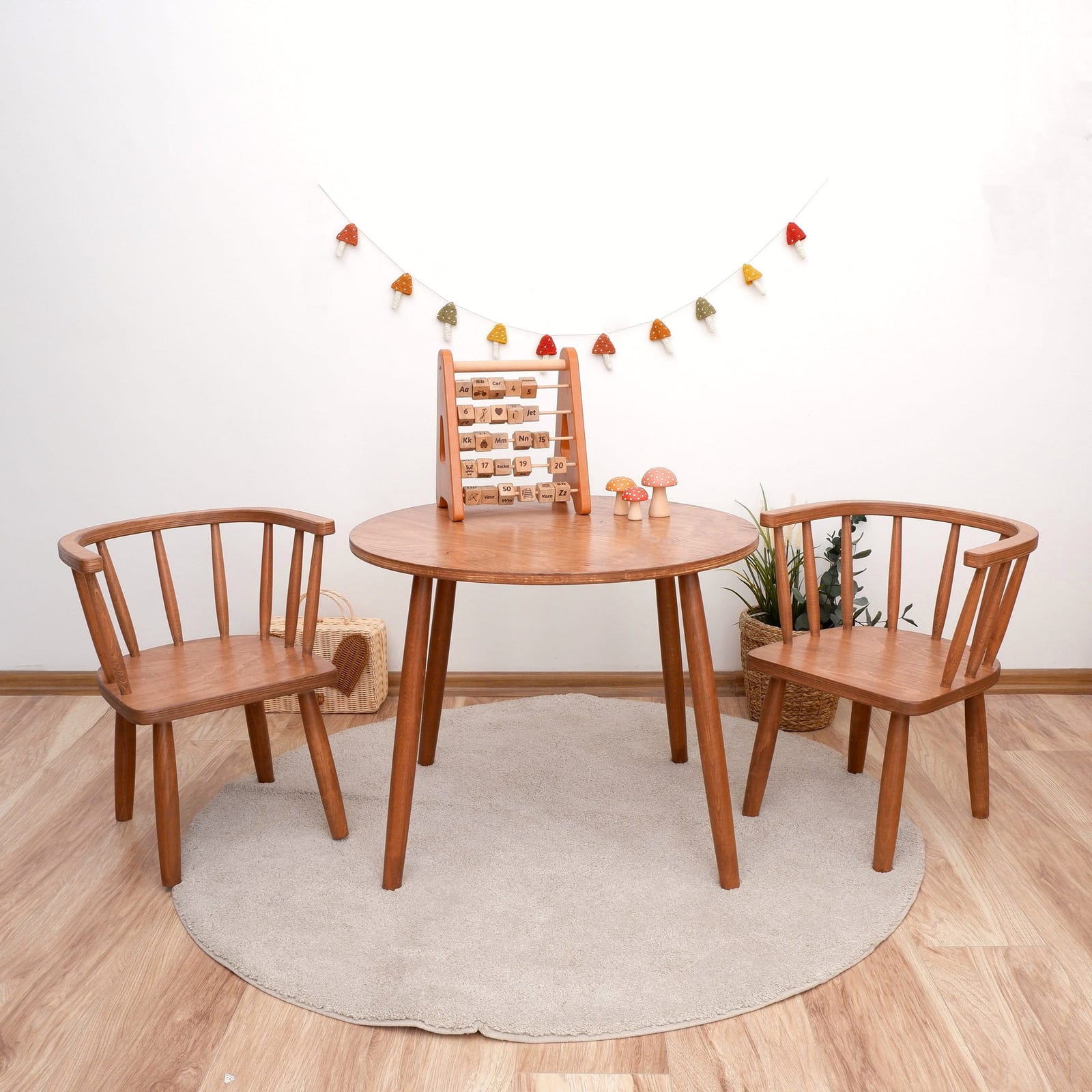 Round Wooden Kids Table with Two Chairs – Natural Honey Finish | Kids Wood Store