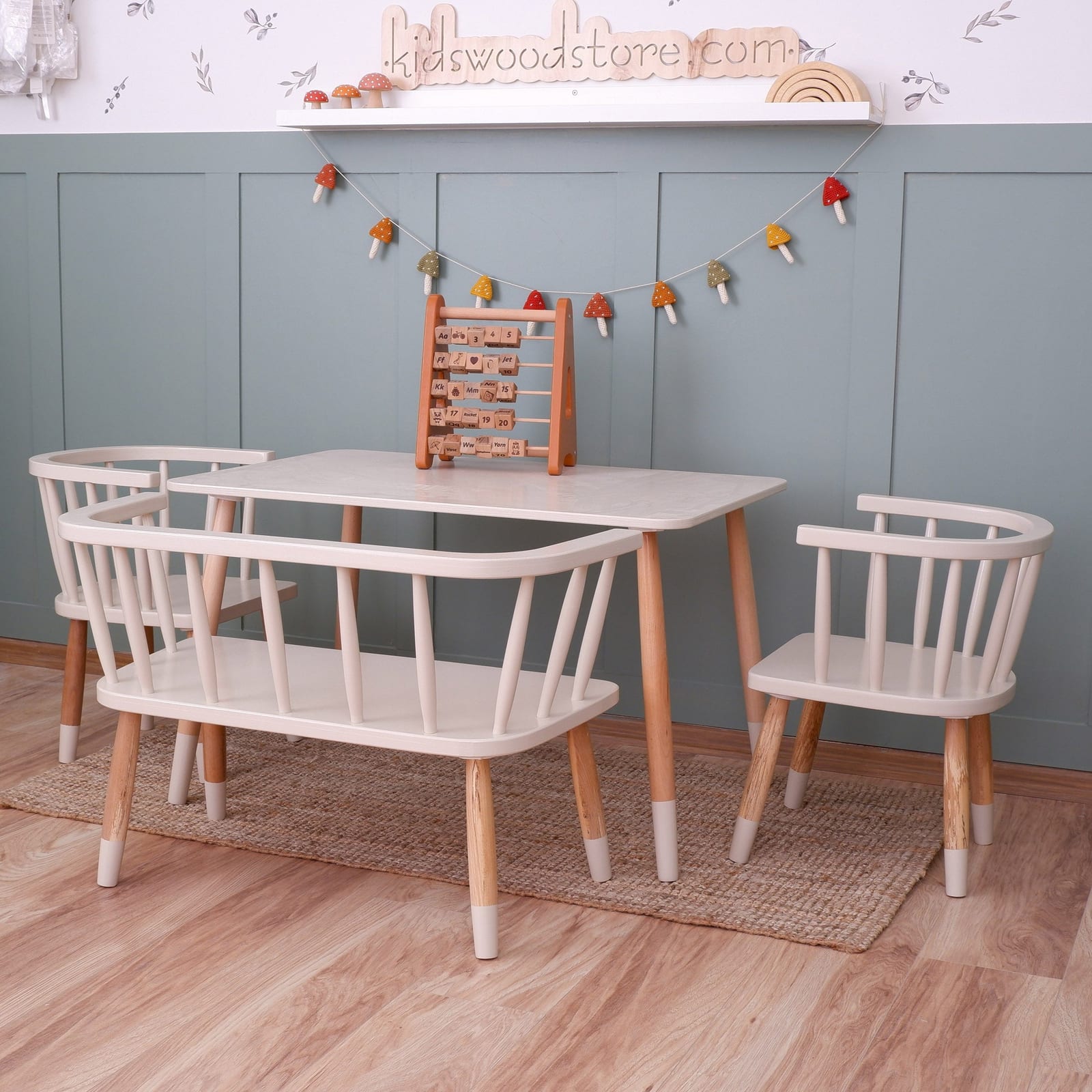 Wooden Kids Table, Bench, and Two Chairs Set – Cream Oatmeal with Two-Tone Wood Legs | Kids Wood Store