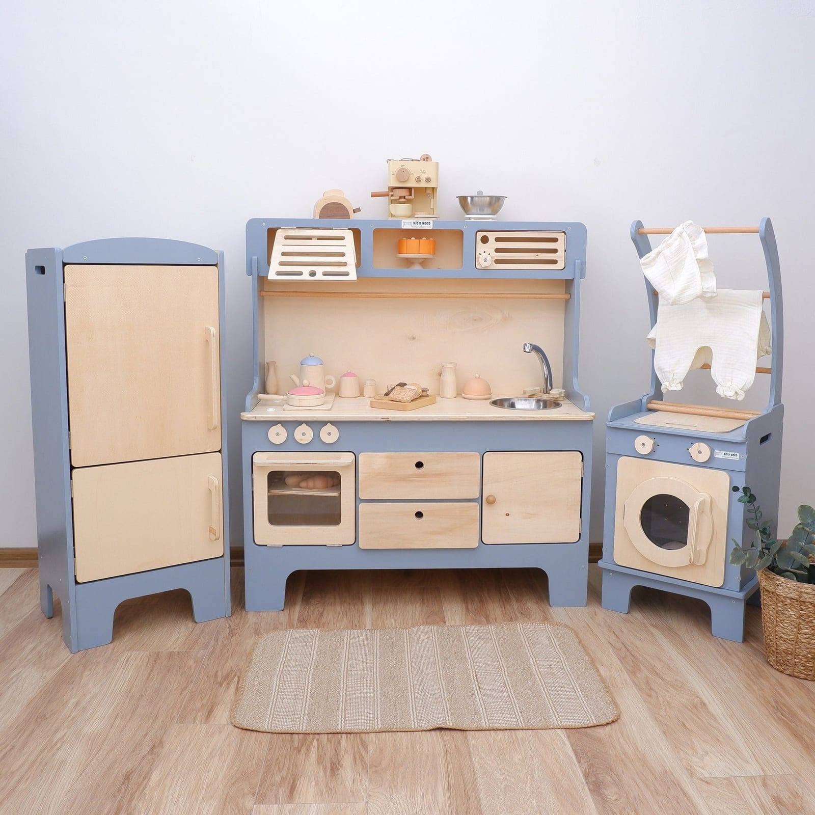 New Wooden Play Kitchen With Microwave and Hood – Slate Blue with Fridge | Kids Wood Store