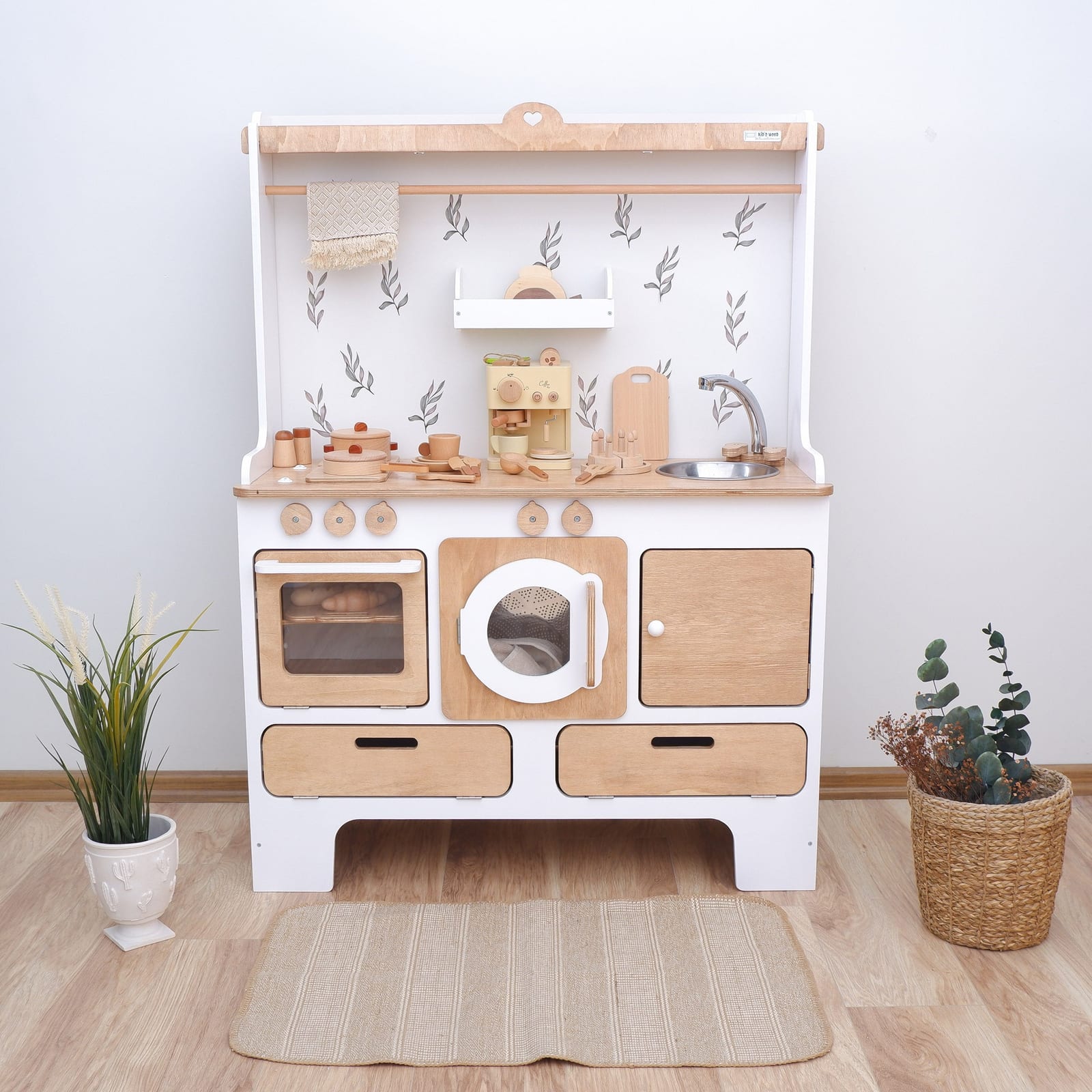 For 10 Years Biggest Wooden Play Kitchen – Natural Wood with Grey Botanical Decals | Kids Wood Store