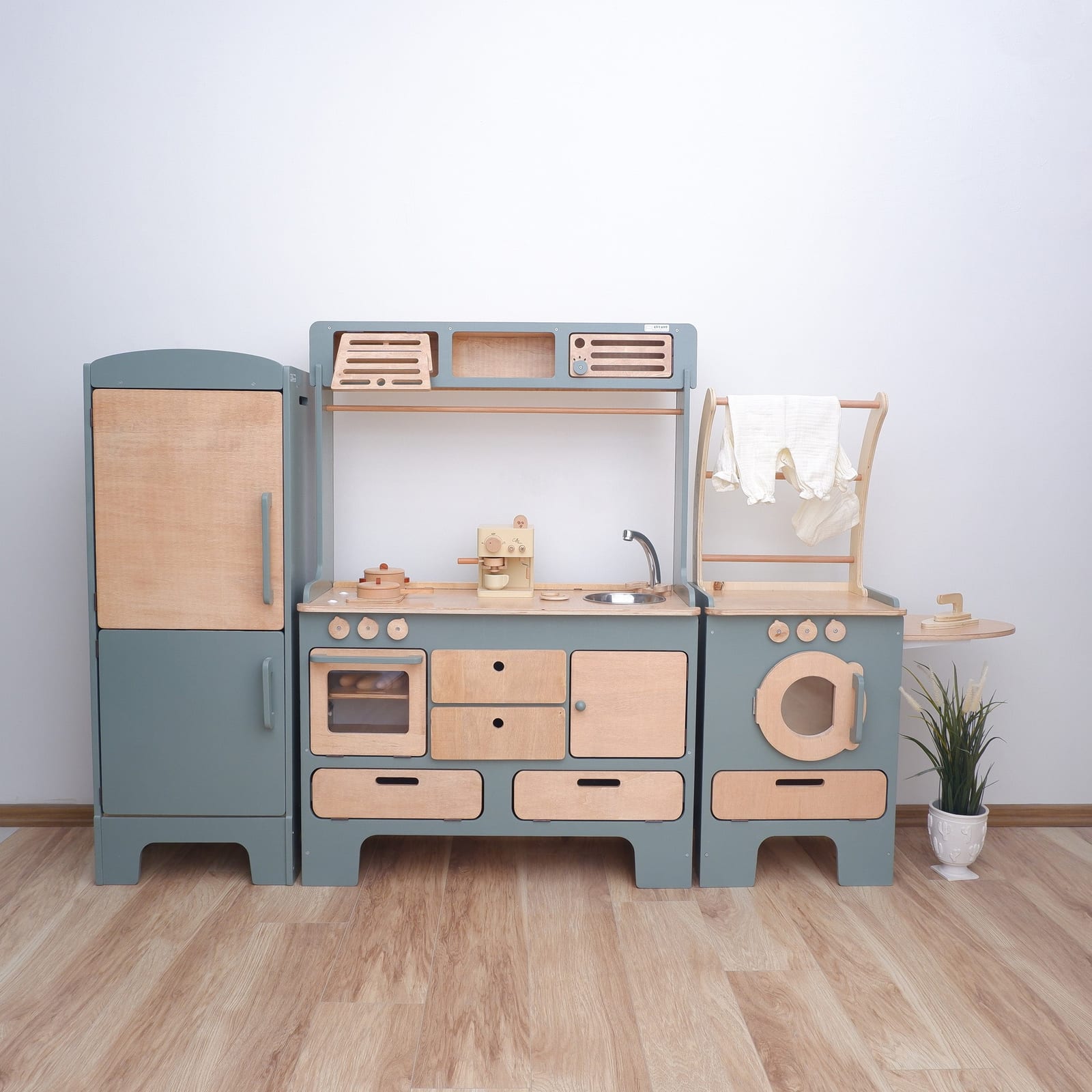 For 10 Years Biggest Wooden Play Kitchen – Slate Blue 3-Piece Set with Fridge & Washer | Kids Wood Store