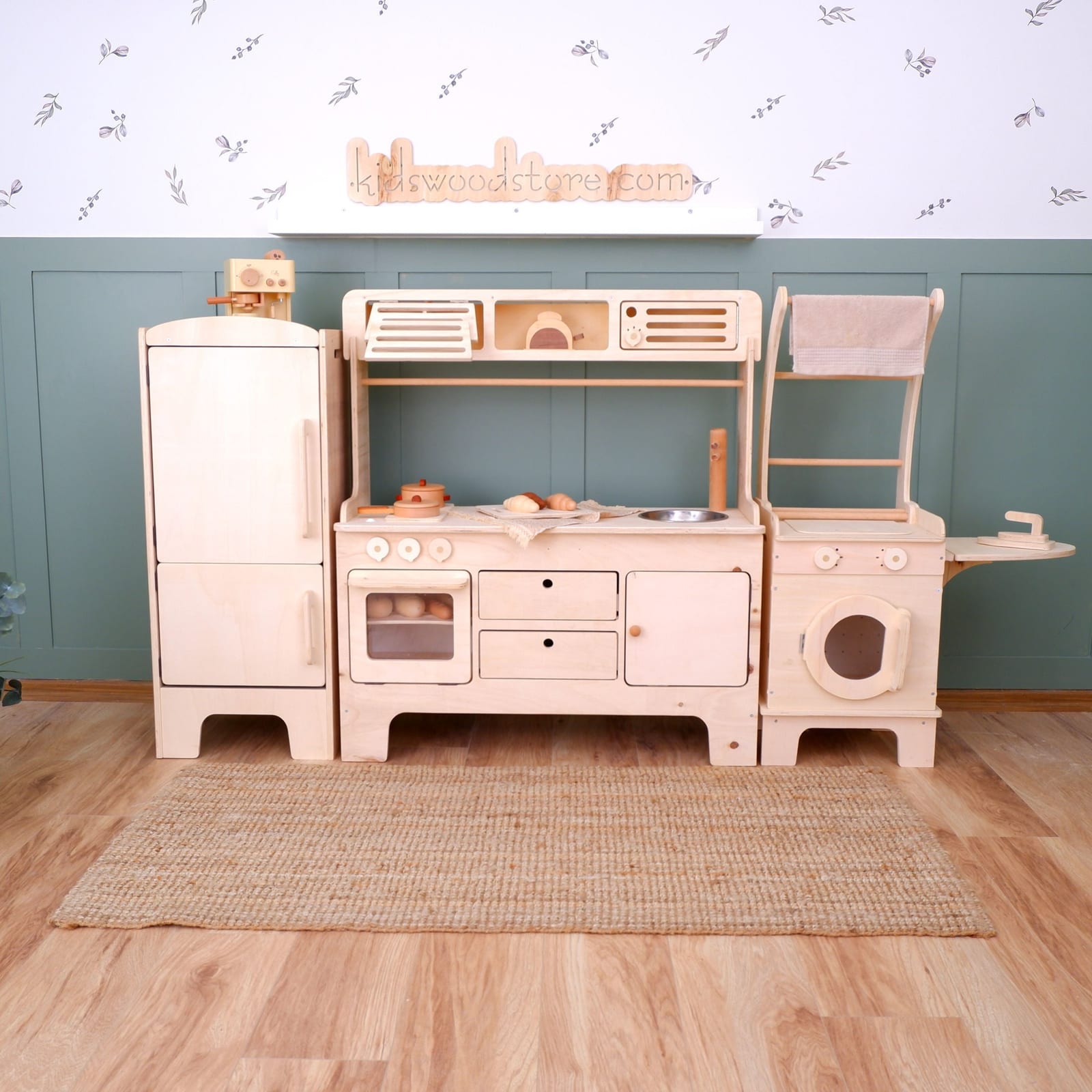 New Wooden Play Kitchen With Microwave and Hood – Natural Wood 3-Piece Set with Ironing | Kids Wood Store