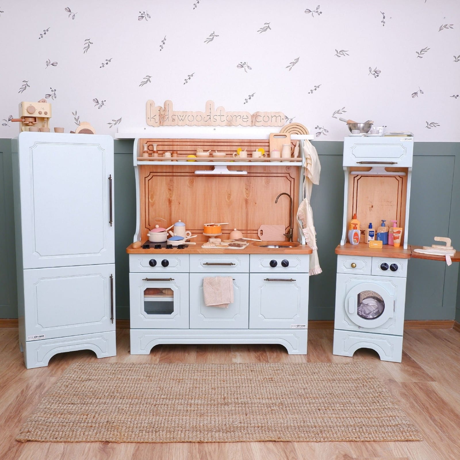 Pinnacle of Quality: Sage Green 3-Piece Wooden Play Kitchen Set with Fridge & Washer | Kids Wood Store