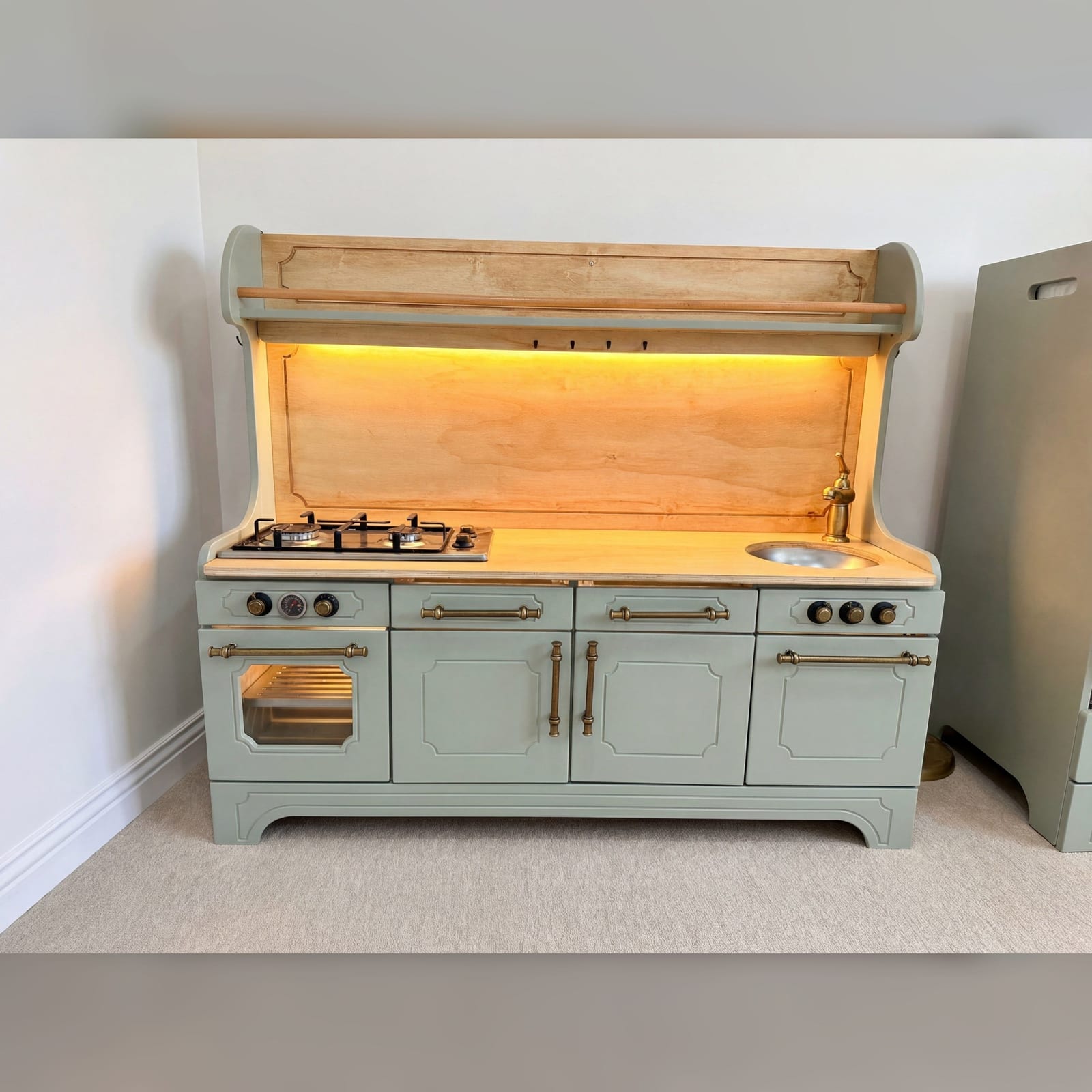 Pinnacle of Quality: Sage Green Wooden Play Kitchen with Brass Hardware & LED Light | Kids Wood Store