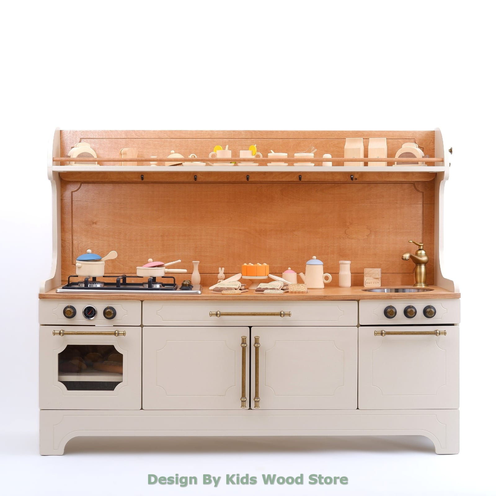 Pinnacle of Quality: Cream Wooden Play Kitchen with LED Light & Deluxe Accessories | Kids Wood Store