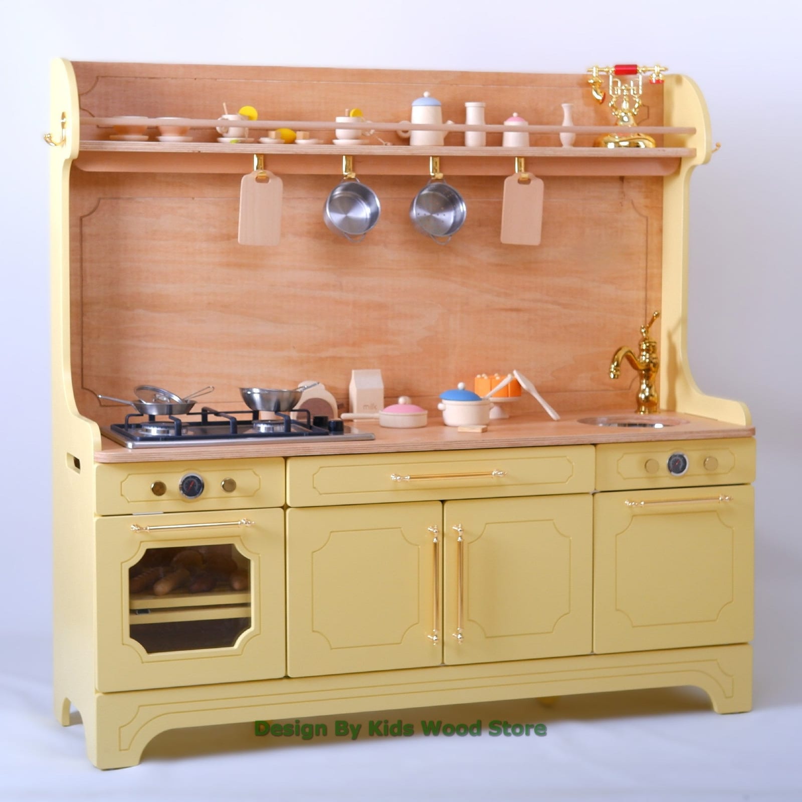 Pinnacle of Quality: Golden Yellow Wooden Play Kitchen with Gold Hardware | Kids Wood Store