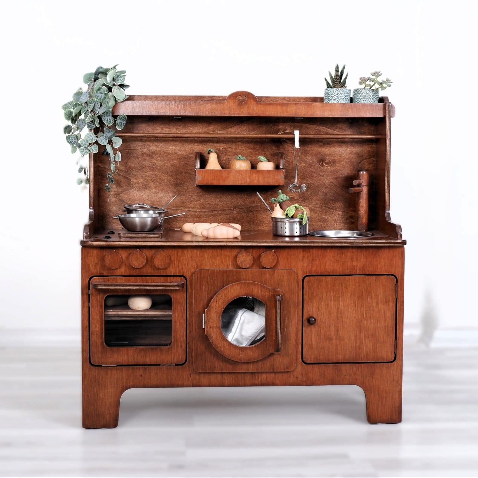 Wooden Play Kitchen Customizable – Walnut Finish | Kids Wood Store
