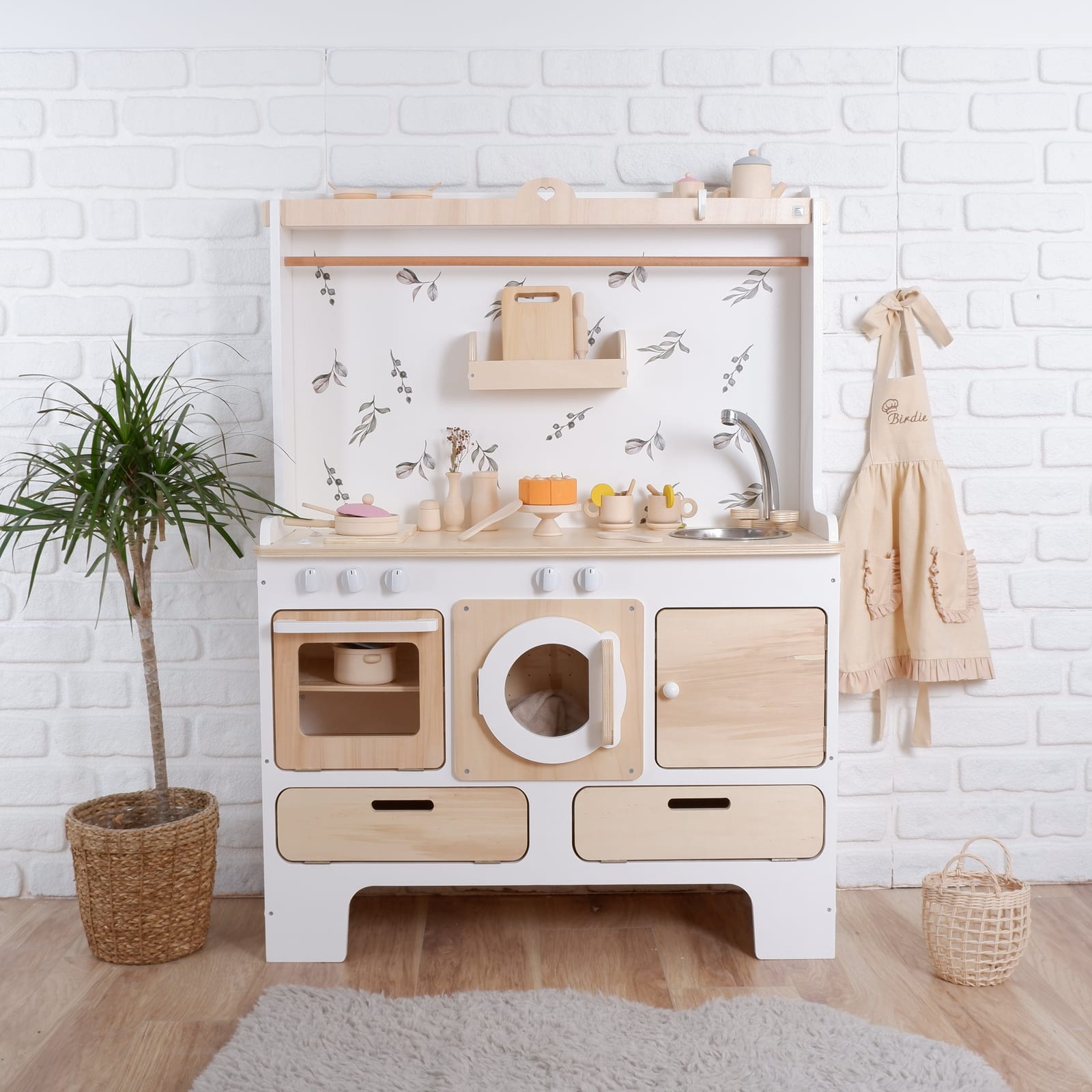 For 10 Years Biggest Wooden Play Kitchen – Botanical, Natural Wood with Leaf & Floral | Kids Wood Store
