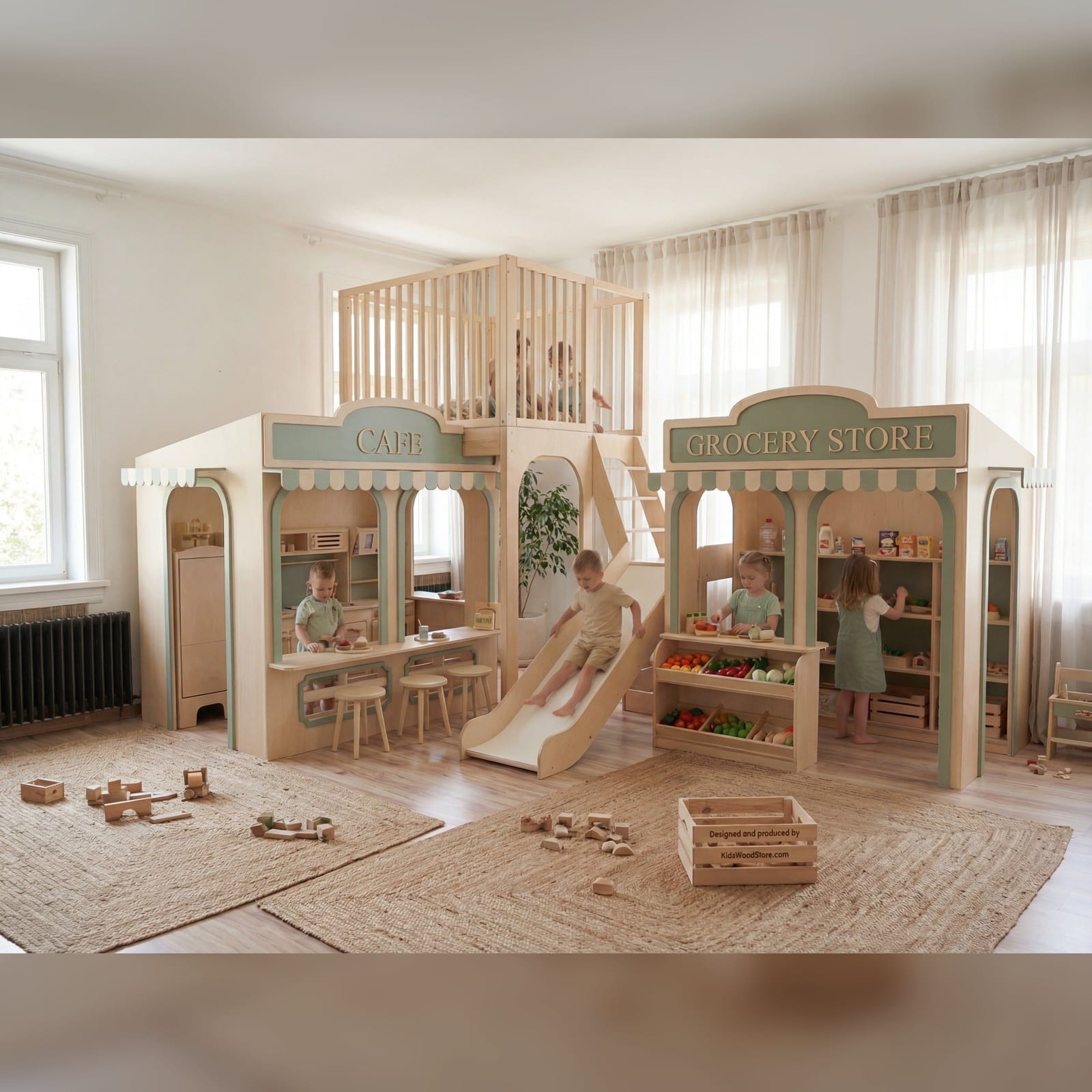 Premium Wooden Play Town — 3-House Indoor Set (Café, Grocery & Two-Story Adventure) | Kids Wood Store