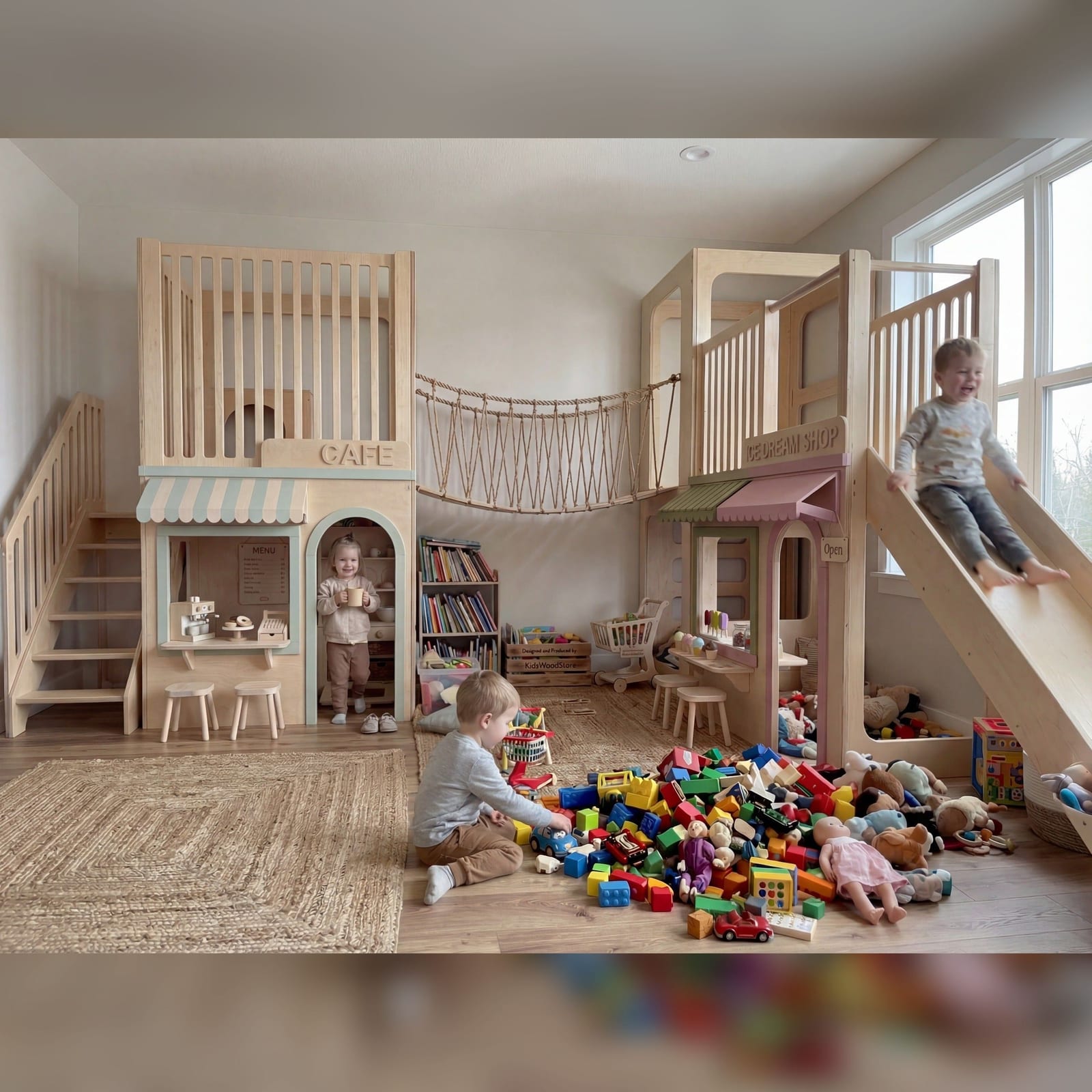 Luxury Wooden Play Town — 3-House Indoor Set (Two-Story Café, Two-Story Grocery & | Kids Wood Store