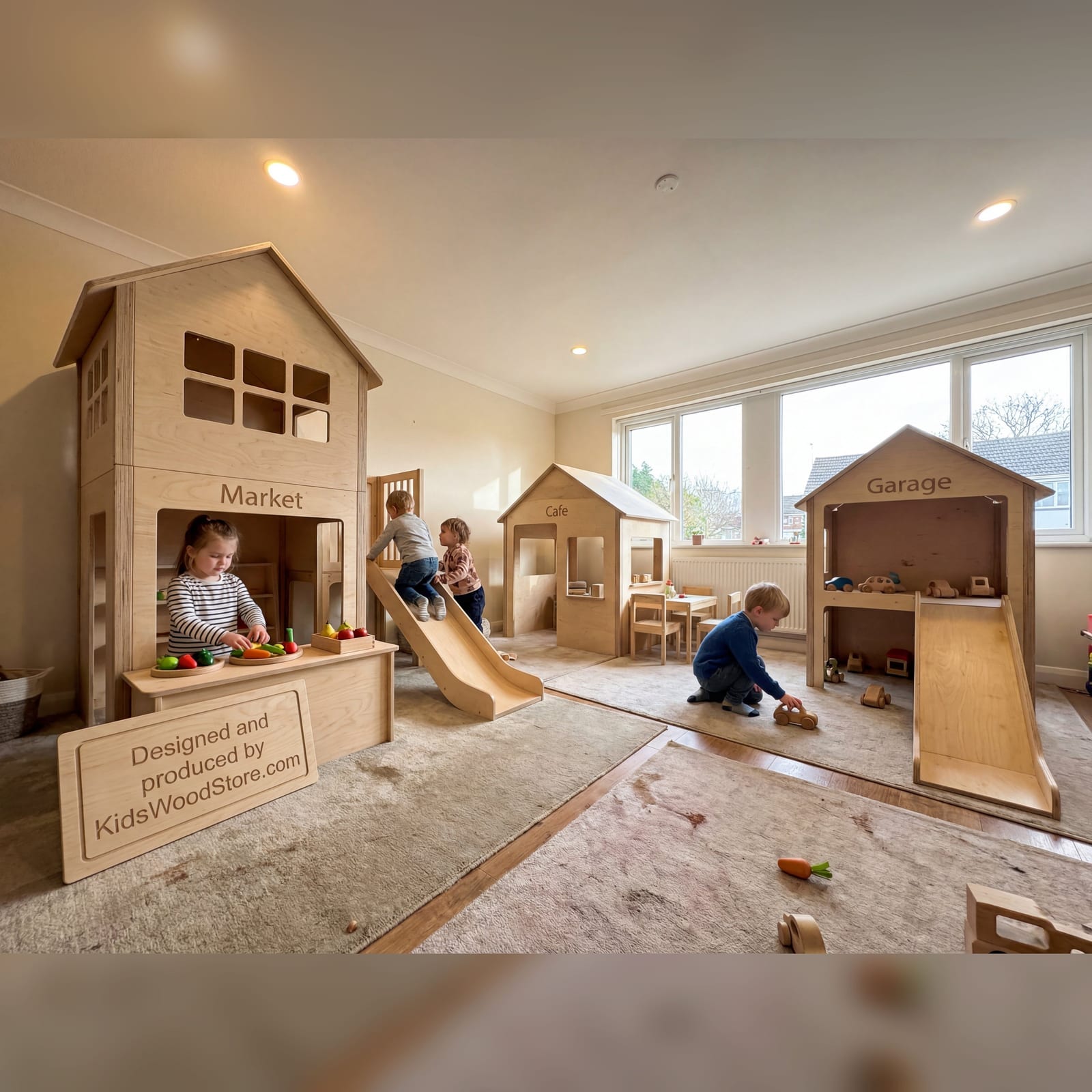 Luxury Wooden Play Town — 3-House Indoor Set (Two-Story Market, Café & Garage) | Kids Wood Store