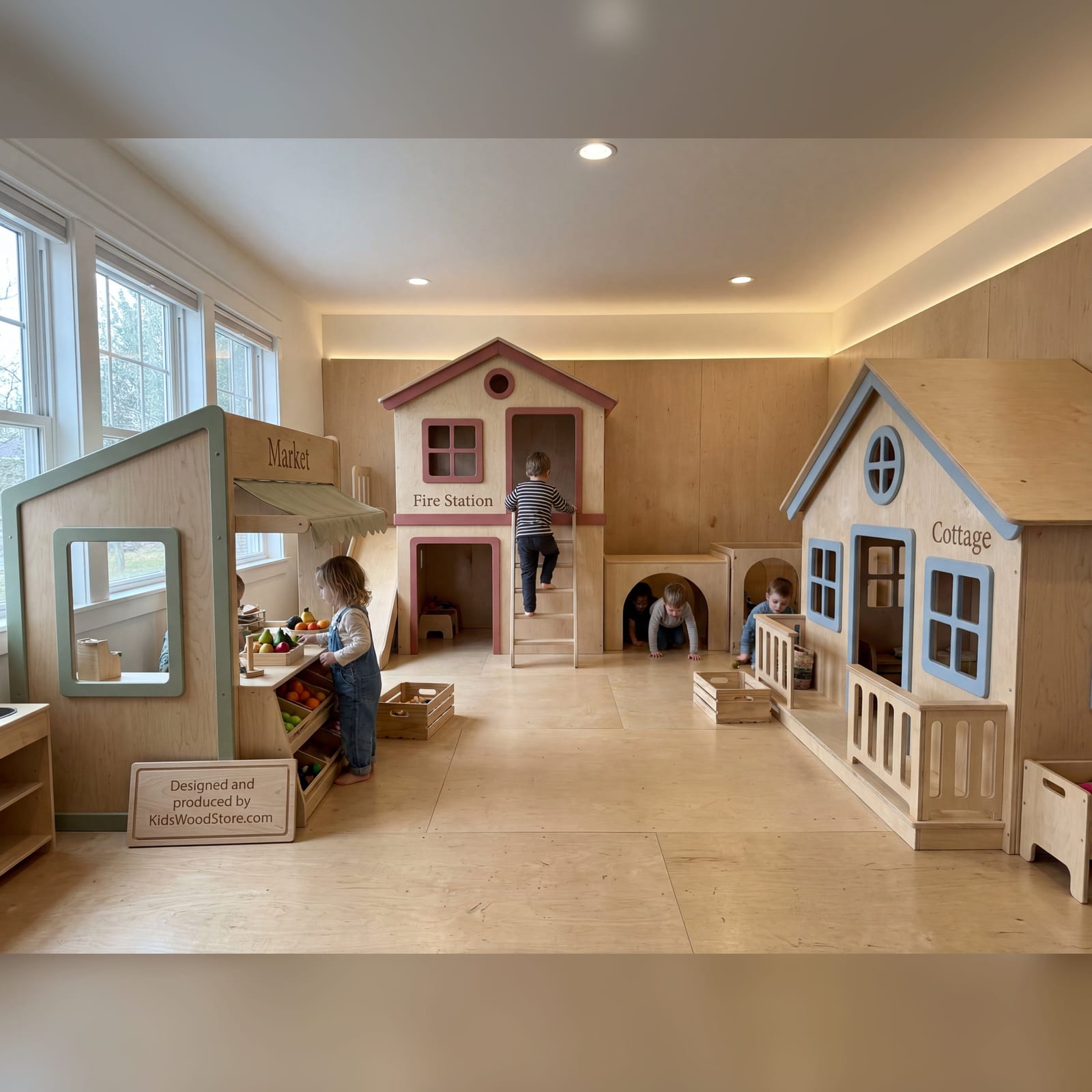 Luxury Wooden Play Town — 3-House Indoor Set (Market, Cottage & Two-Story Fire Station) | Kids Wood Store
