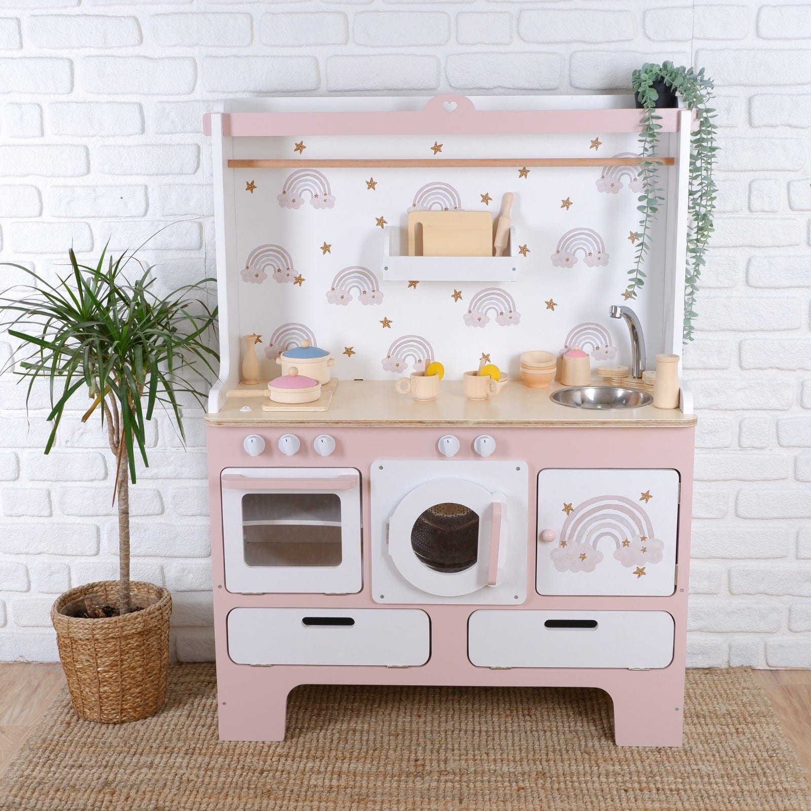 For 10 Years Biggest Wooden Play Kitchen – Blush Pink with Rainbow & Star Accents | Kids Wood Store