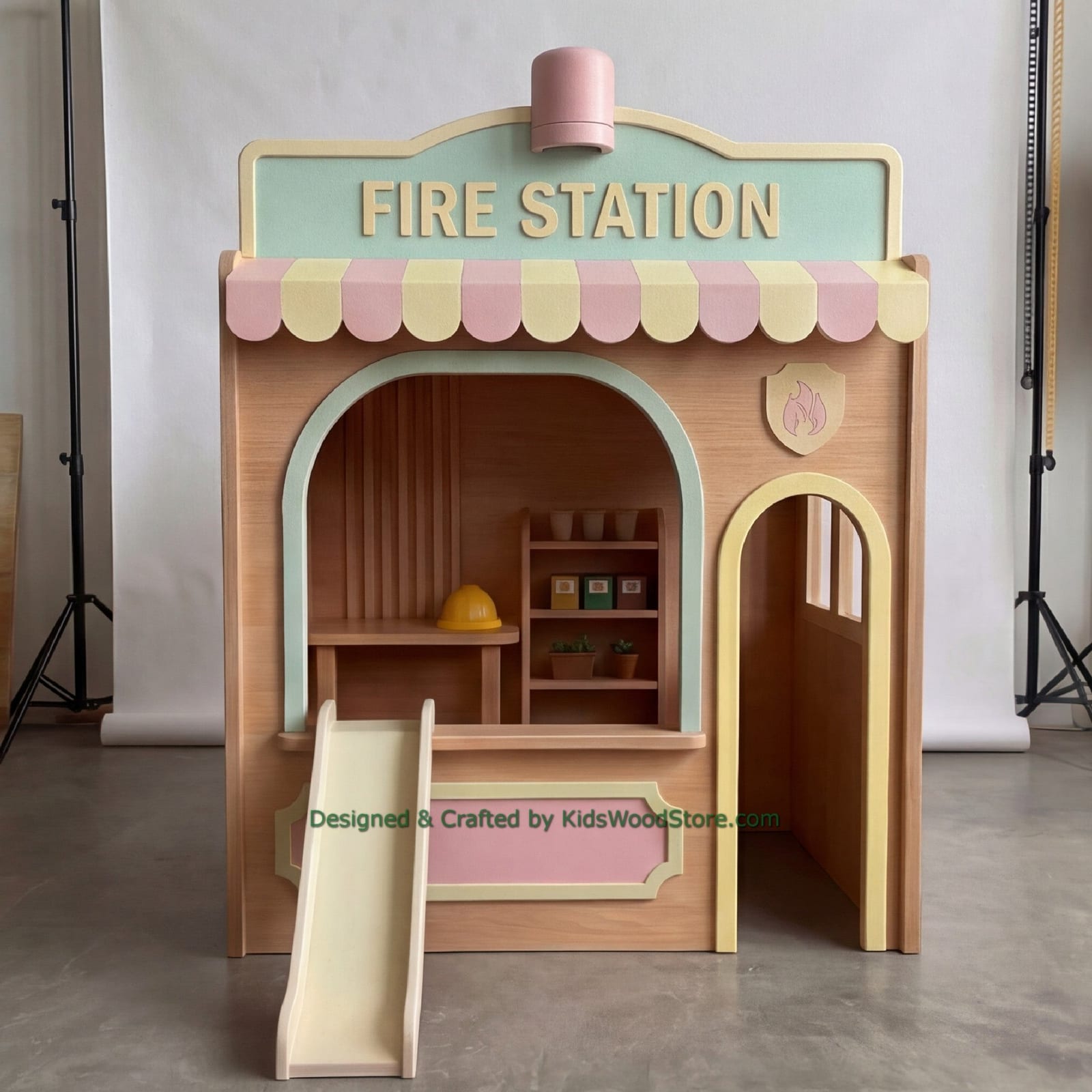 Wooden Fire Station Playhouse + Furnitures for Kids | Kids Wood Store