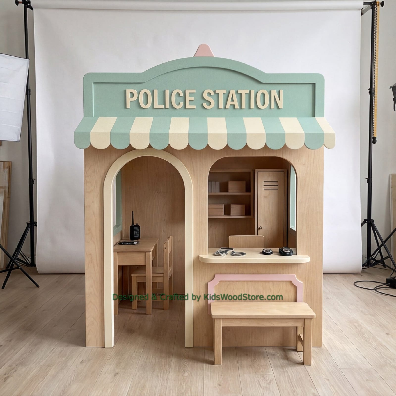 Wooden Police Station Playhouse + Furnitures for Kids | Kids Wood Store