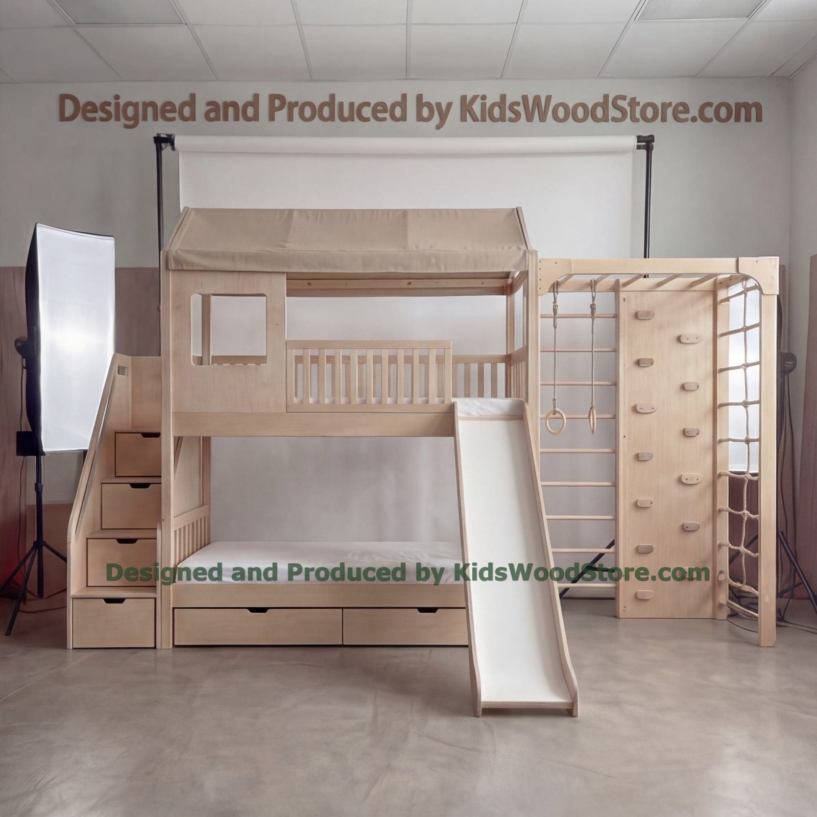 Wooden Adventure Bunk Bed with Climbing Wall, Rings & Rope | Kids Wood Store
