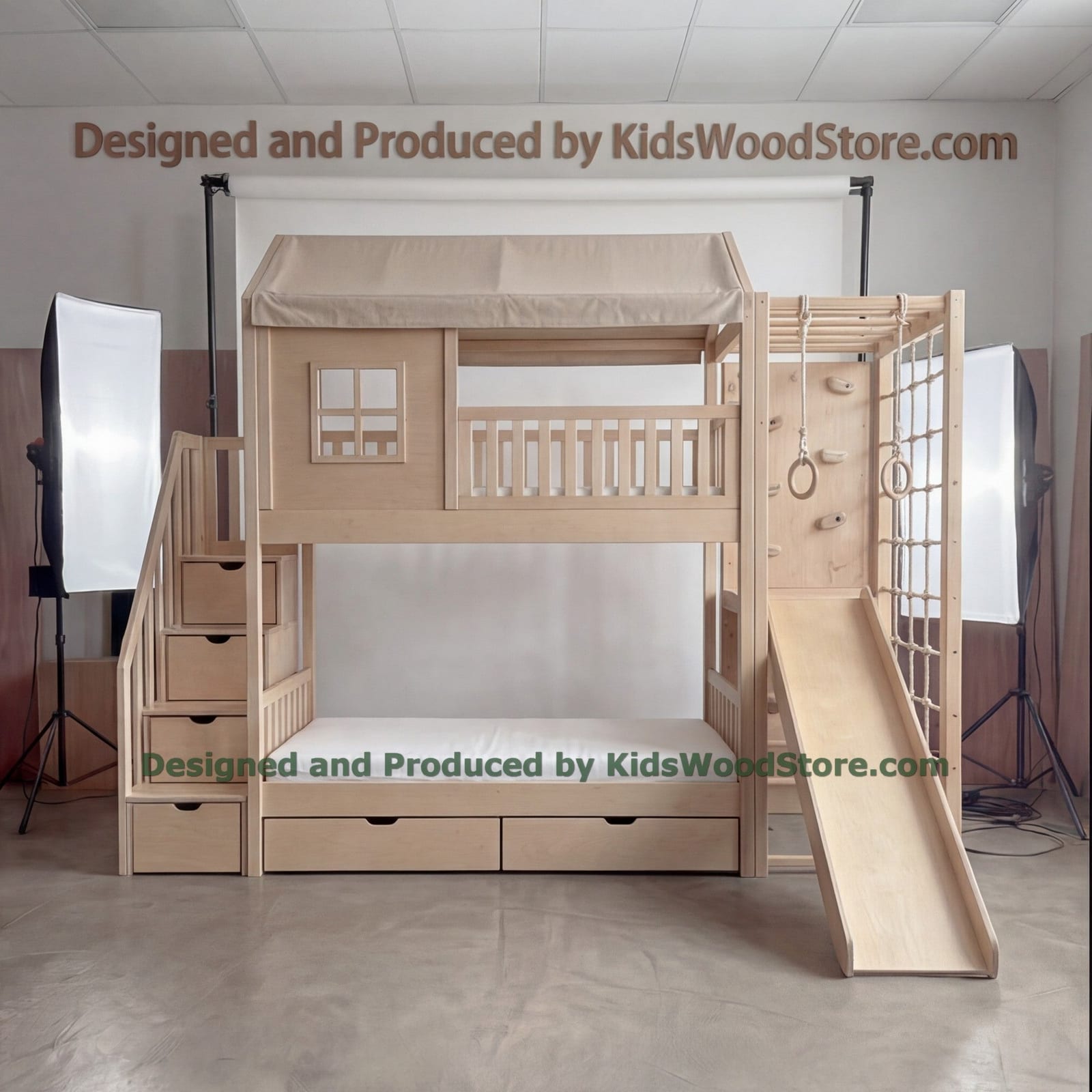 Wooden Adventure Bunk Bed with Climbing Net, Gym Rings & Tent Canopy | Kids Wood Store
