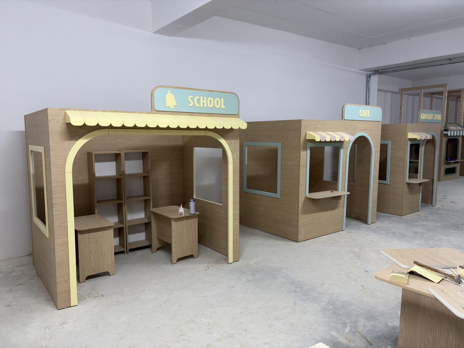 Customizable Wooden Playhouse Set - Cafe, Grocery, School (Indoor Play Town) — 4