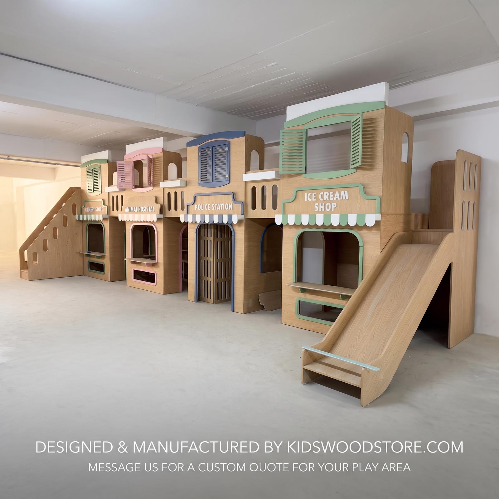 Two-Story Wooden Playhouse Village | Montessori Role Play Shops with Stairs & Slide