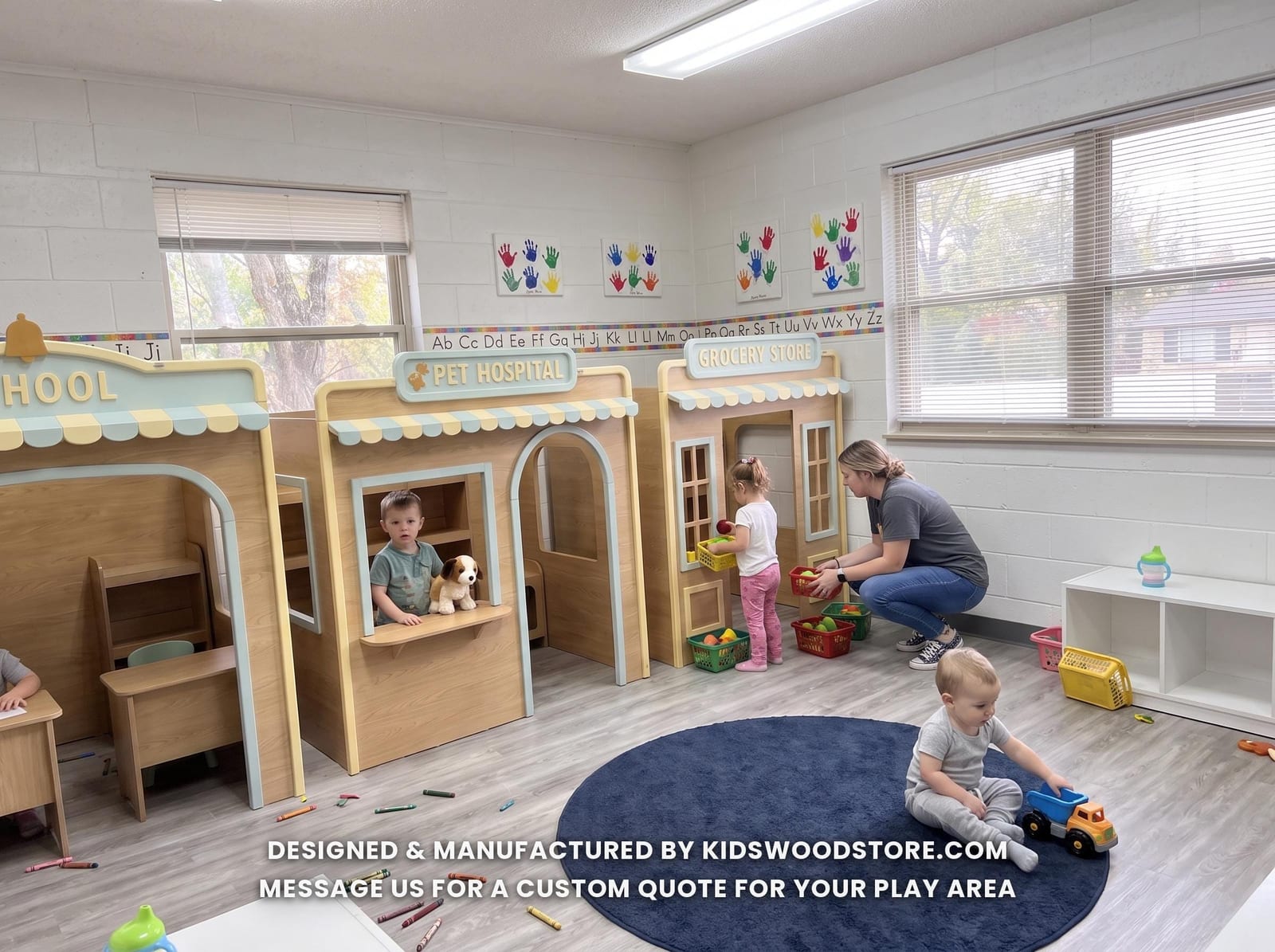 Customizable Wooden Playhouse Set | School, Grocery Store, Pet Hospital (Indoor Play Town)