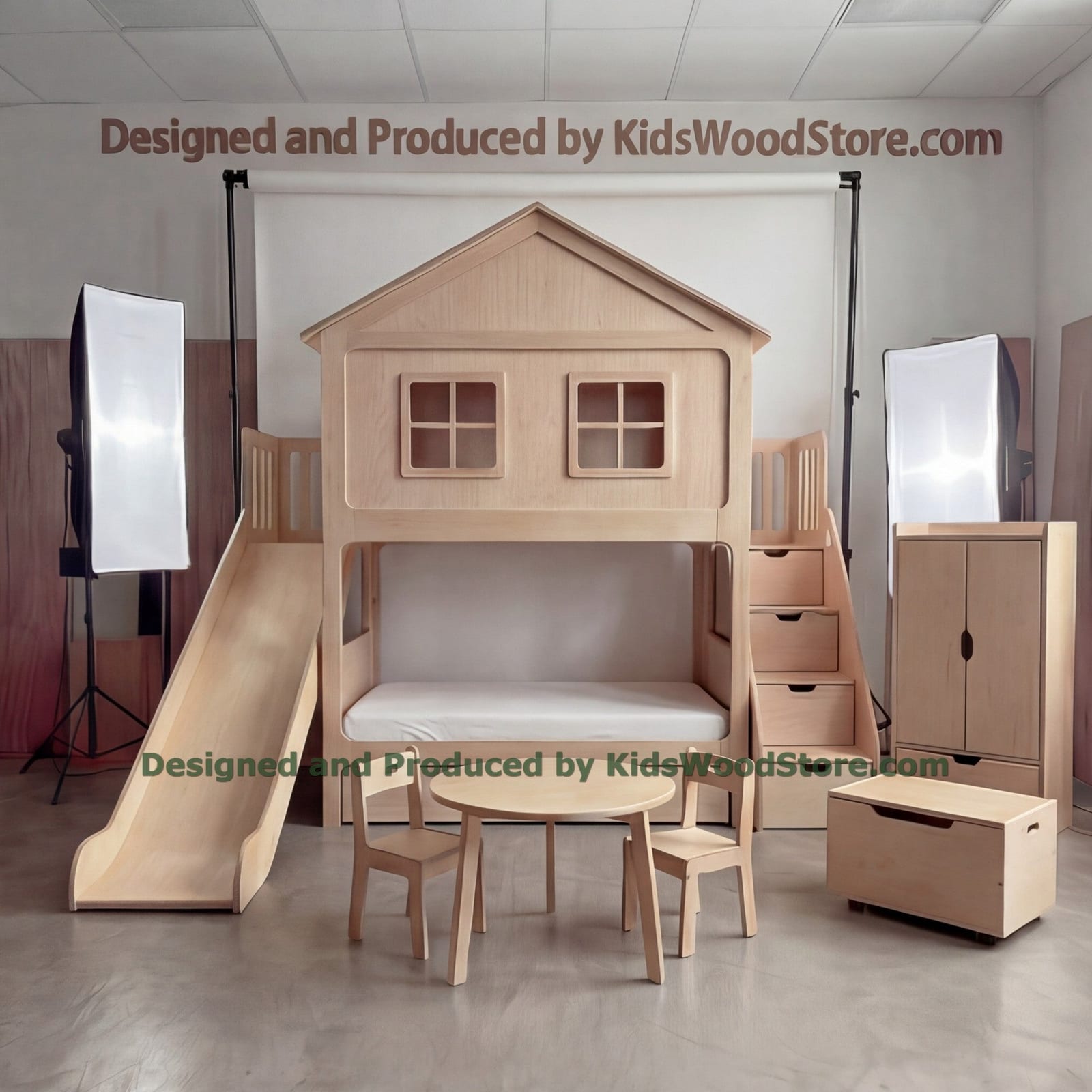 Wooden Dollhouse Bunk Bed with Slide & Wardrobe | Kids Wood Store
