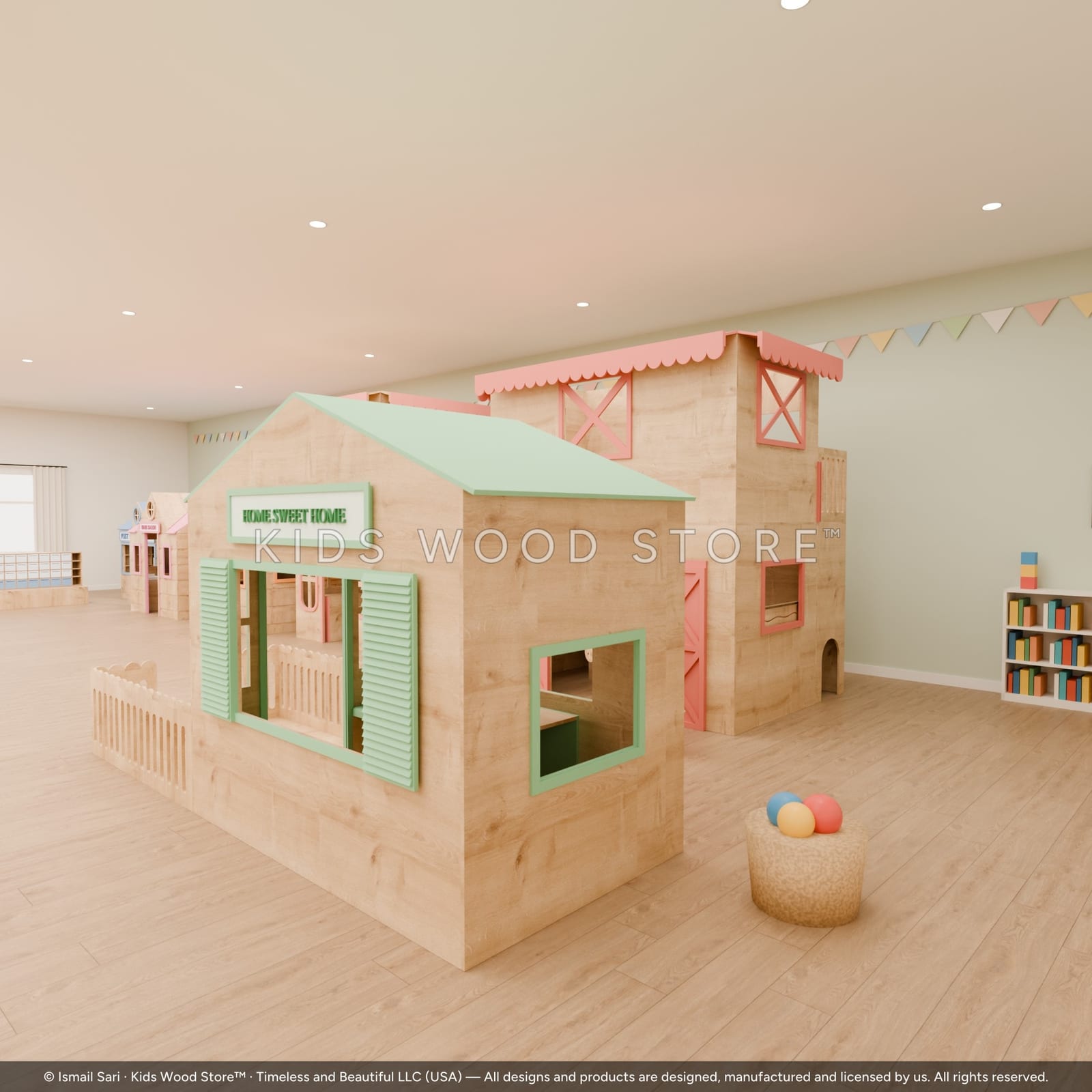 Play Town — 6-House Playhouse Set (Barn, Garden Kiosk, Hospital, Hair Salon, Grocery Store & Post Office) — photorealistic room render, room view