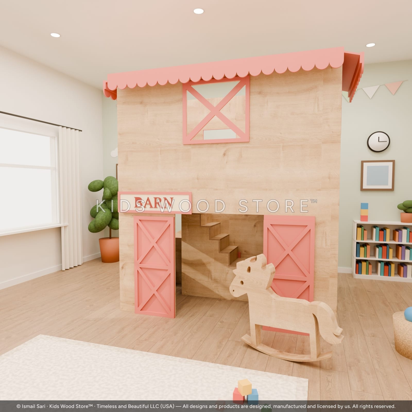 Barn Two-Story Playhouse with Slide — Play Town — photorealistic room render, room view