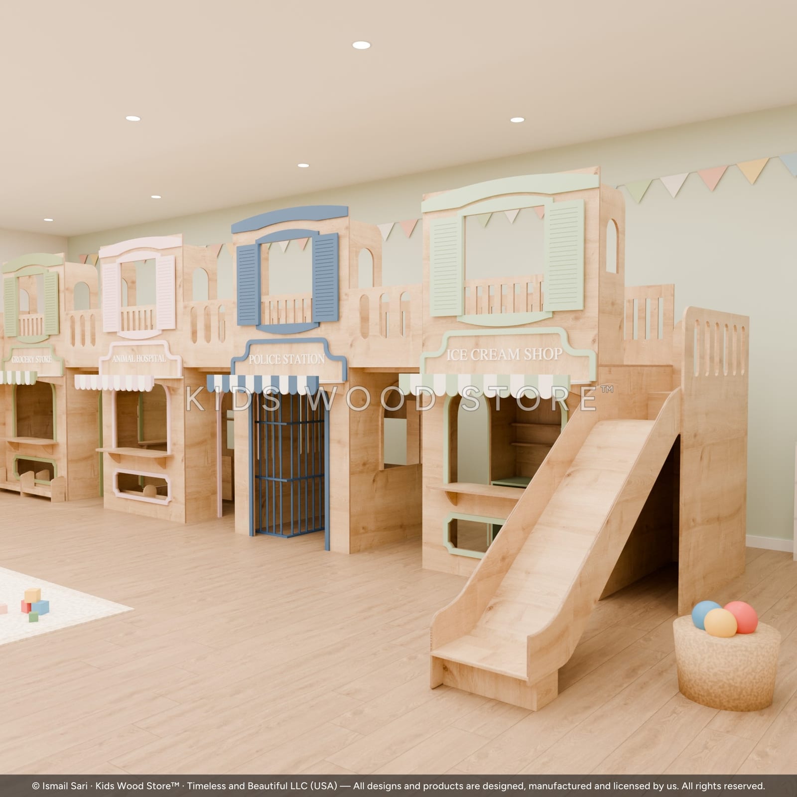 Treetop Village — Row A (Grocery · Animal Hospital · Police · Ice Cream) — photorealistic room render, room view