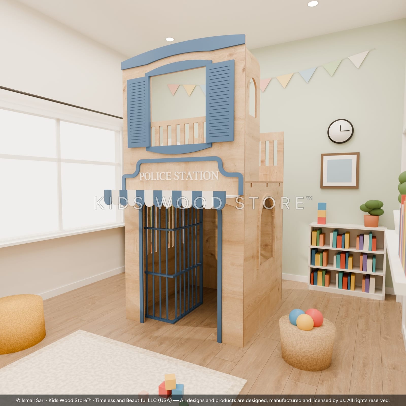 Police Station Playhouse — Treetop Village — photorealistic room render, room view