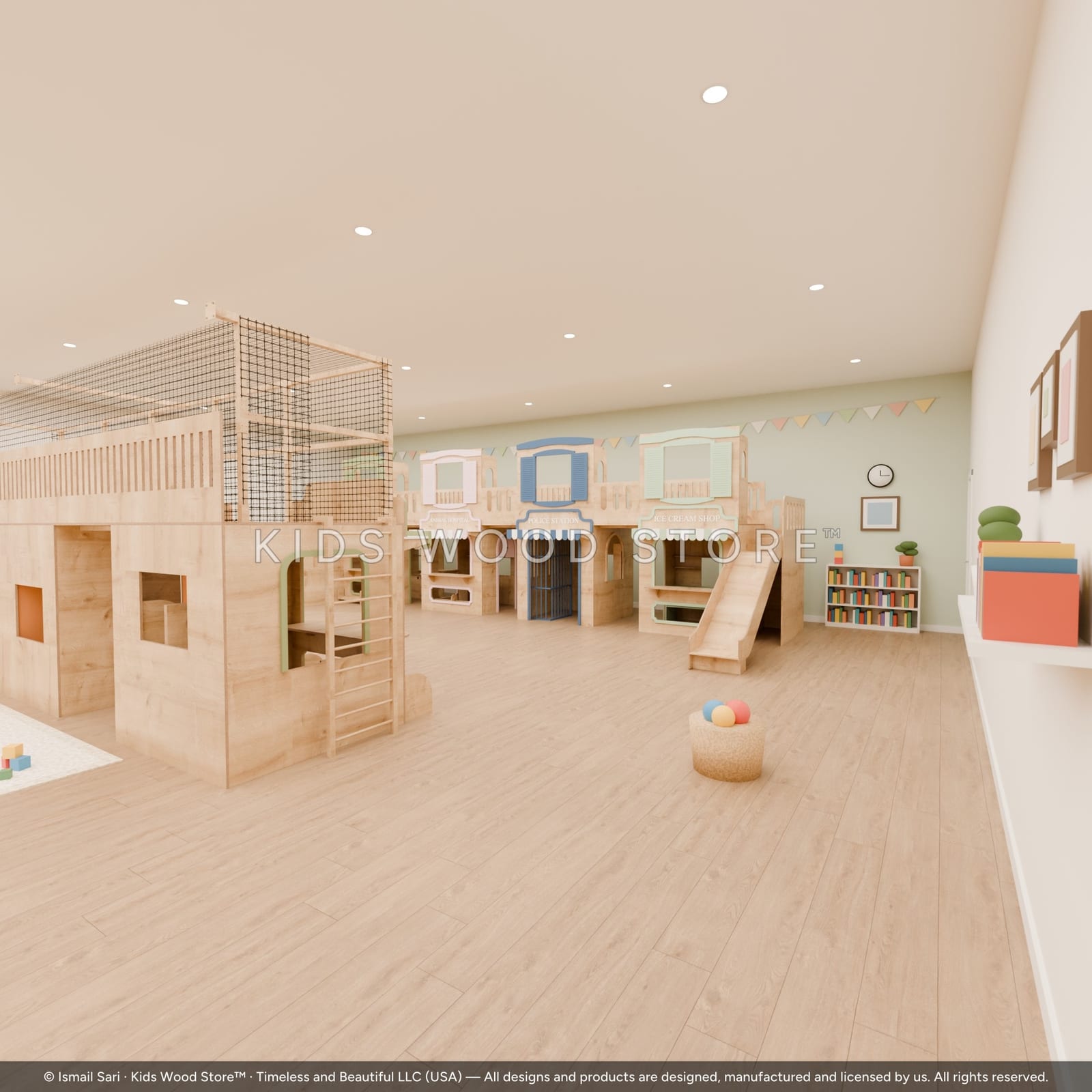 Treetop Village Playhouse — Full 7-House Layout (Police Station, Ice Cream Shop, Grocery Store, Animal Hospital, Bakery, Flower Shop & Art… — photorealistic room render, room view