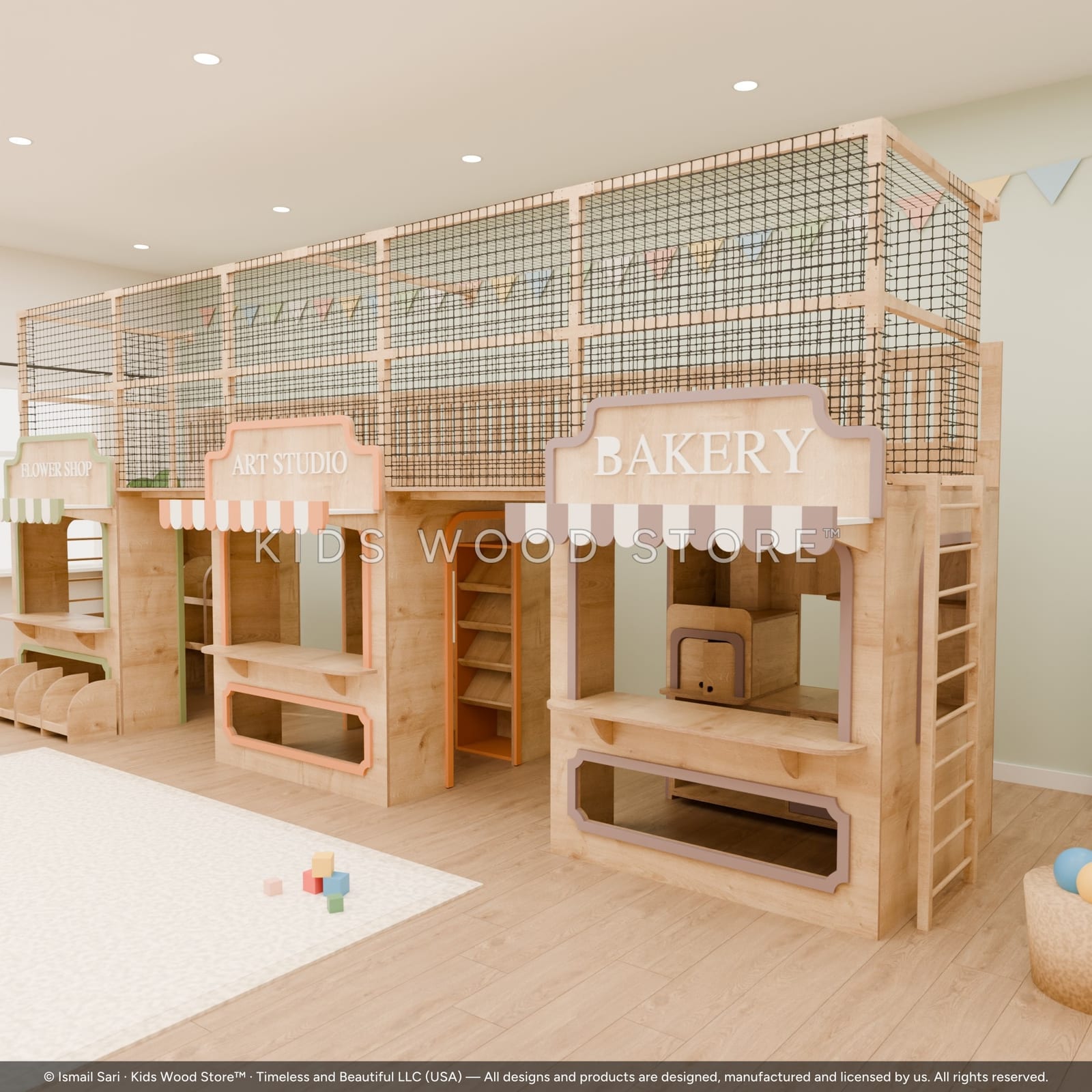 Treetop Village — Row B (Bakery · Art Studio · Flower Shop) — photorealistic room render, room view