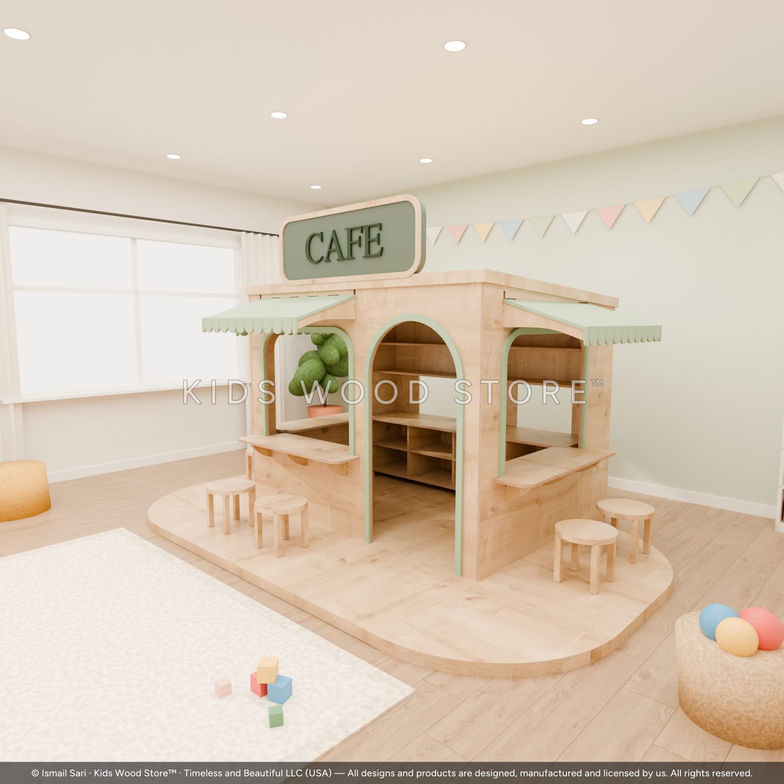 Oku Hotel — Outdoor Kiosk Playhouse — CAFE — photorealistic room render, room view