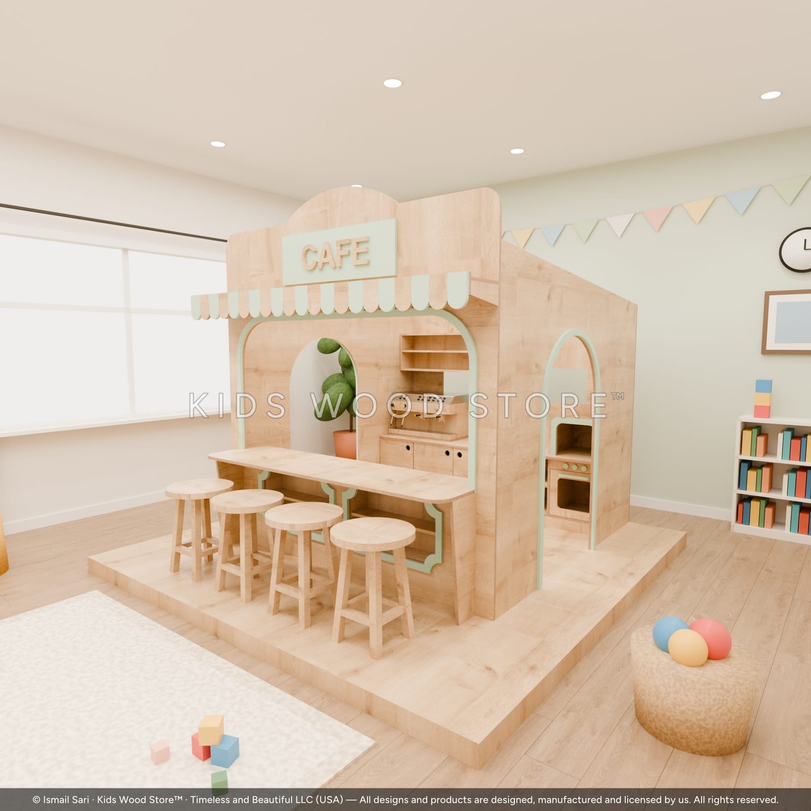 Dora Cafe Playhouse — photorealistic room render, room view