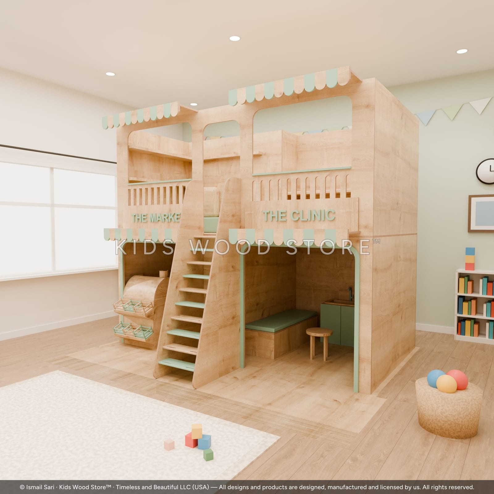 Kian Play Area (The Market & The Clinic) — photorealistic room render, room view