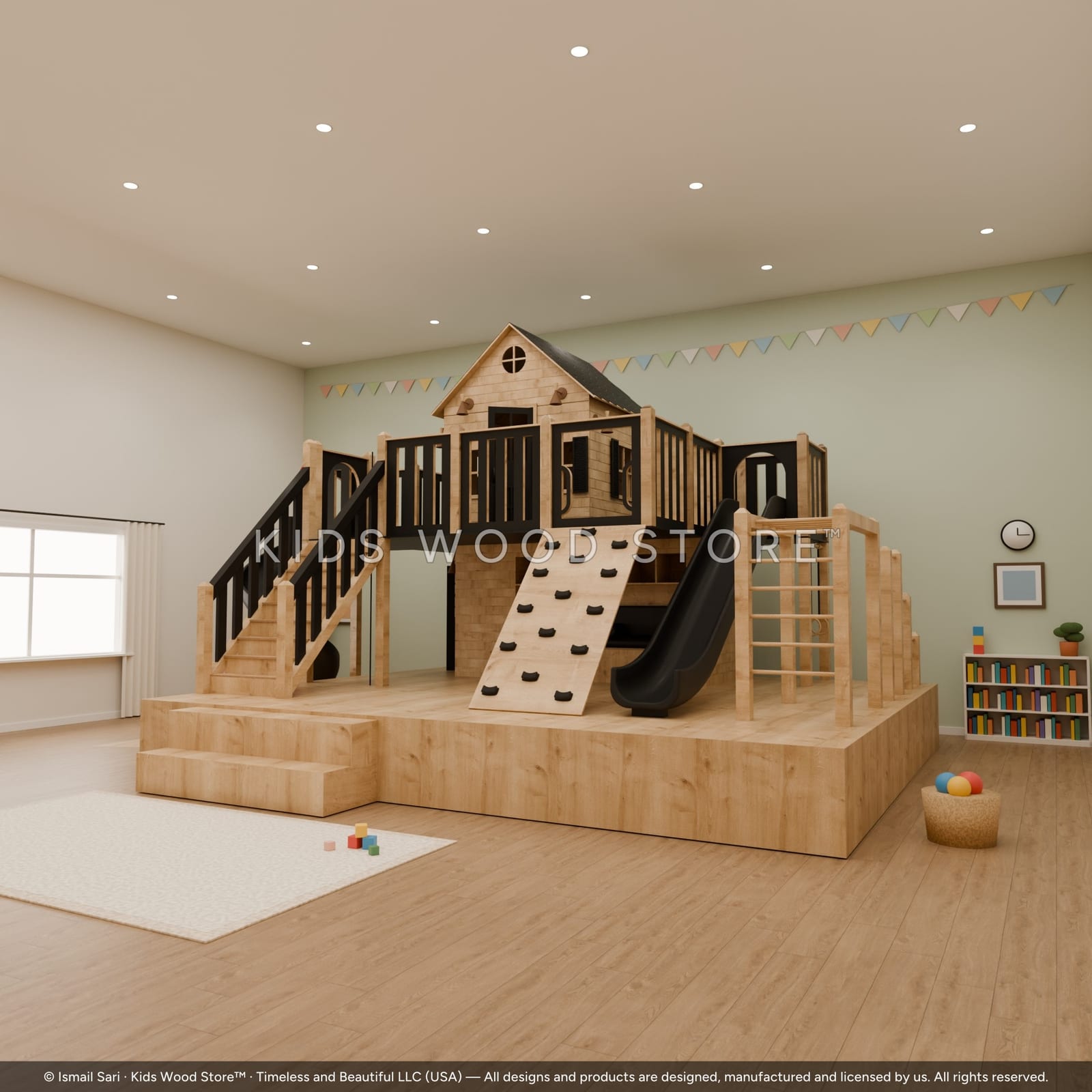 Adventure Fort — Outdoor Playhouse with Twin Slides & Climbing Wall — photorealistic room render, room view